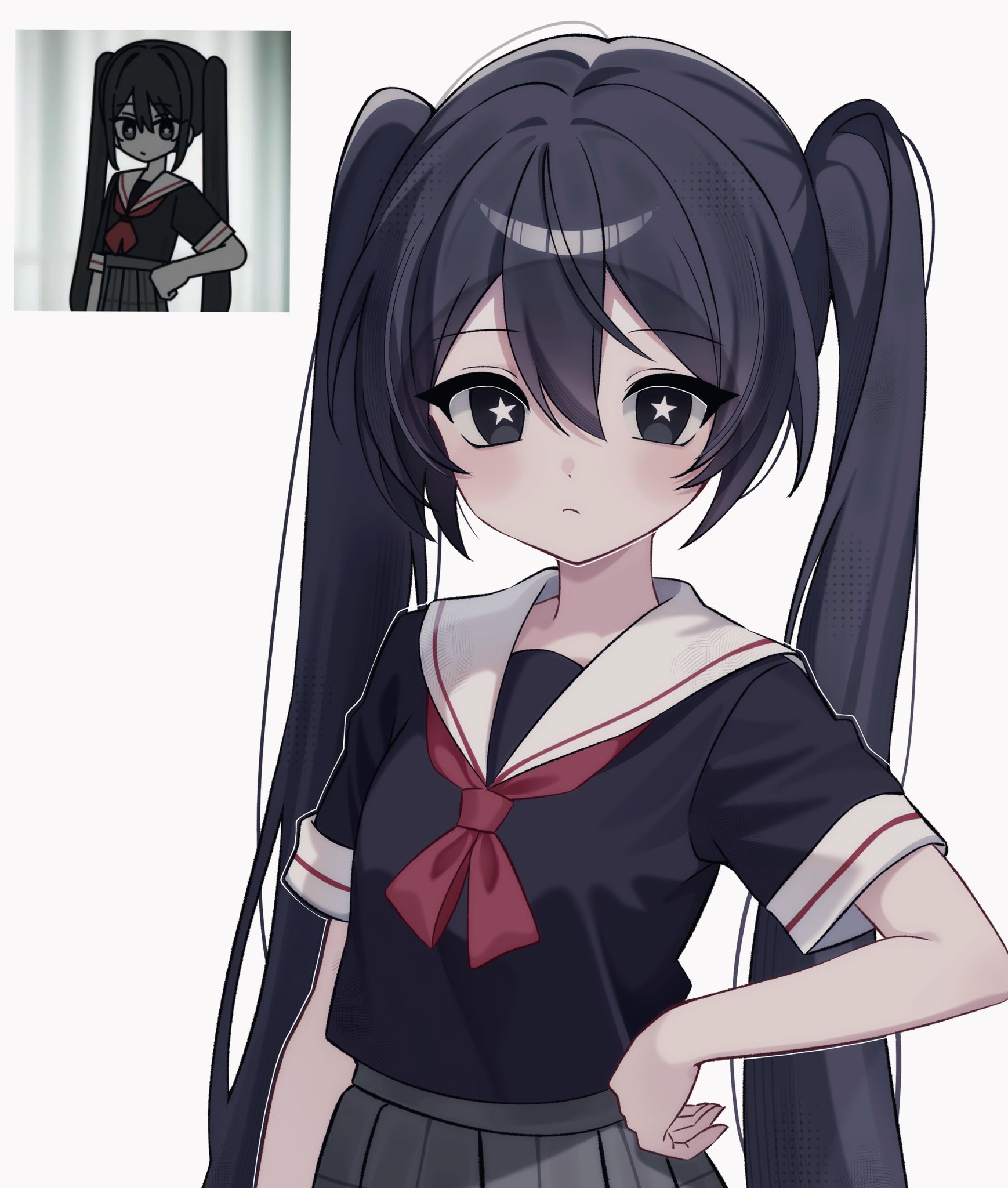 woolly (ll 0o0), hatsune miku, vocaloid, highres, 1girl, black eyes, black hair, black shirt, closed mouth, grey skirt, hair between eyes, hand on own hip, ima sugu rinne (vocaloid), light frown, long hair, looking at viewer, neckerchief, red neckerchief, reference inset, sailor collar, school uniform, screenshot inset, shirt, short sleeves, sidelocks, simple background, skirt, solo, star-shaped pupils, star (symbol), symbol-shaped pupils, twintails, very long hair, white background, white sailor collar