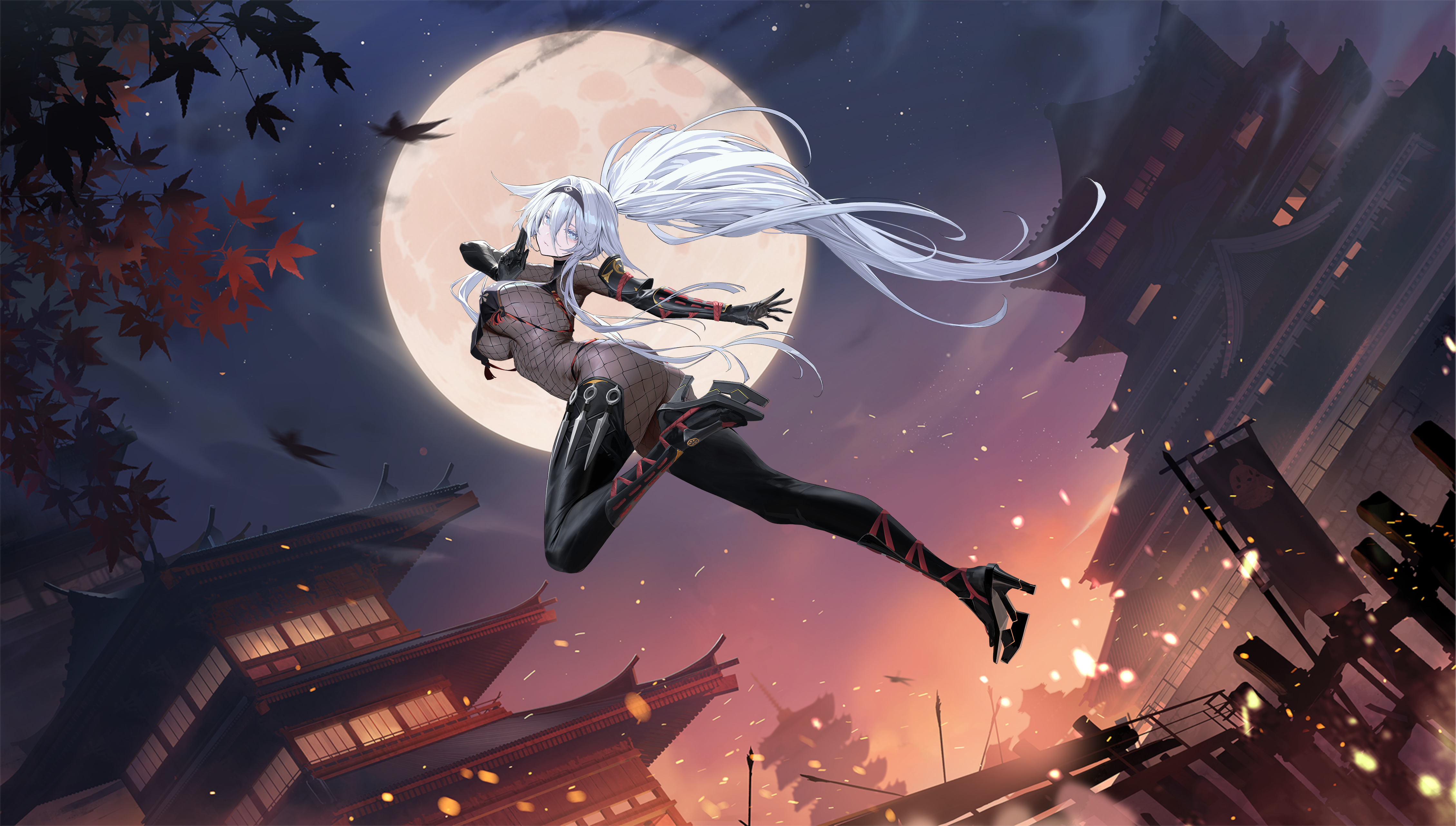 sovetsky soyuz (azur lane), sovetsky soyuz (stringed interrogation) (azur lane), azur lane, absurdres, artist request, highres, non-web source, official art, 1girl, ass, black gloves, black shoes, black thighhighs, blue eyes, bodystocking, breasts, elbow gloves, fishnet bodystocking, fishnets, full body, full moon, gloves, hairband, high heels, large breasts, long hair, looking at viewer, moon, night, ninja, official alternate costume, platform shoes, ponytail, shoes, solo, thighhighs, underboob, very long hair, white hair