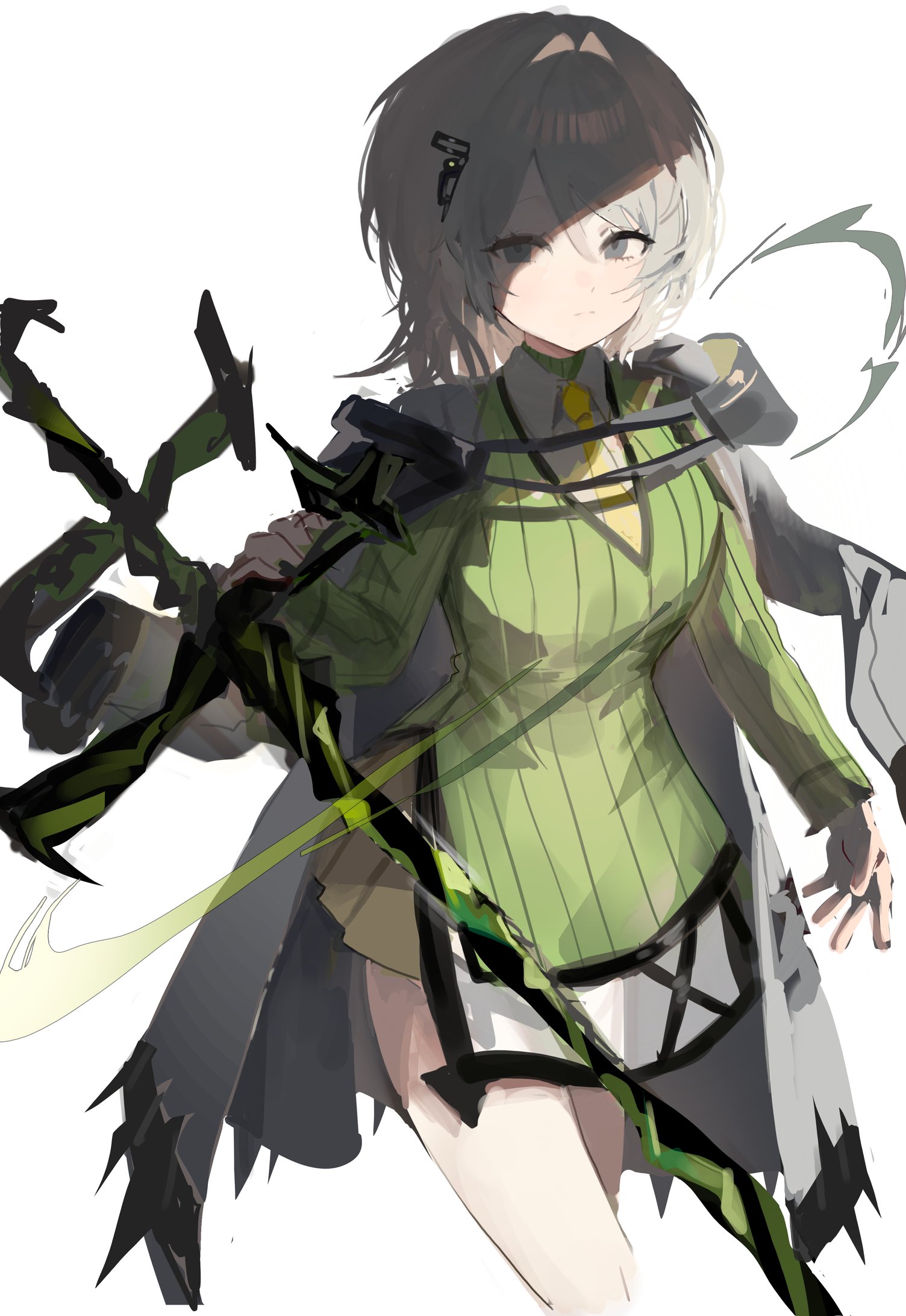 yuchan 00001, faust (project moon), arknights, limbus company, project moon, commentary request, highres, korean commentary, 1girl, breasts, collared shirt, command:meltdown (e.g.o), cowboy shot, dress, e.g.o (project moon), expressionless, green dress, grey eyes, grey hair, hair intakes, holding, holding weapon, long sleeves, looking at viewer, necktie, shirt, simple background, solo, weapon, white background, yellow necktie