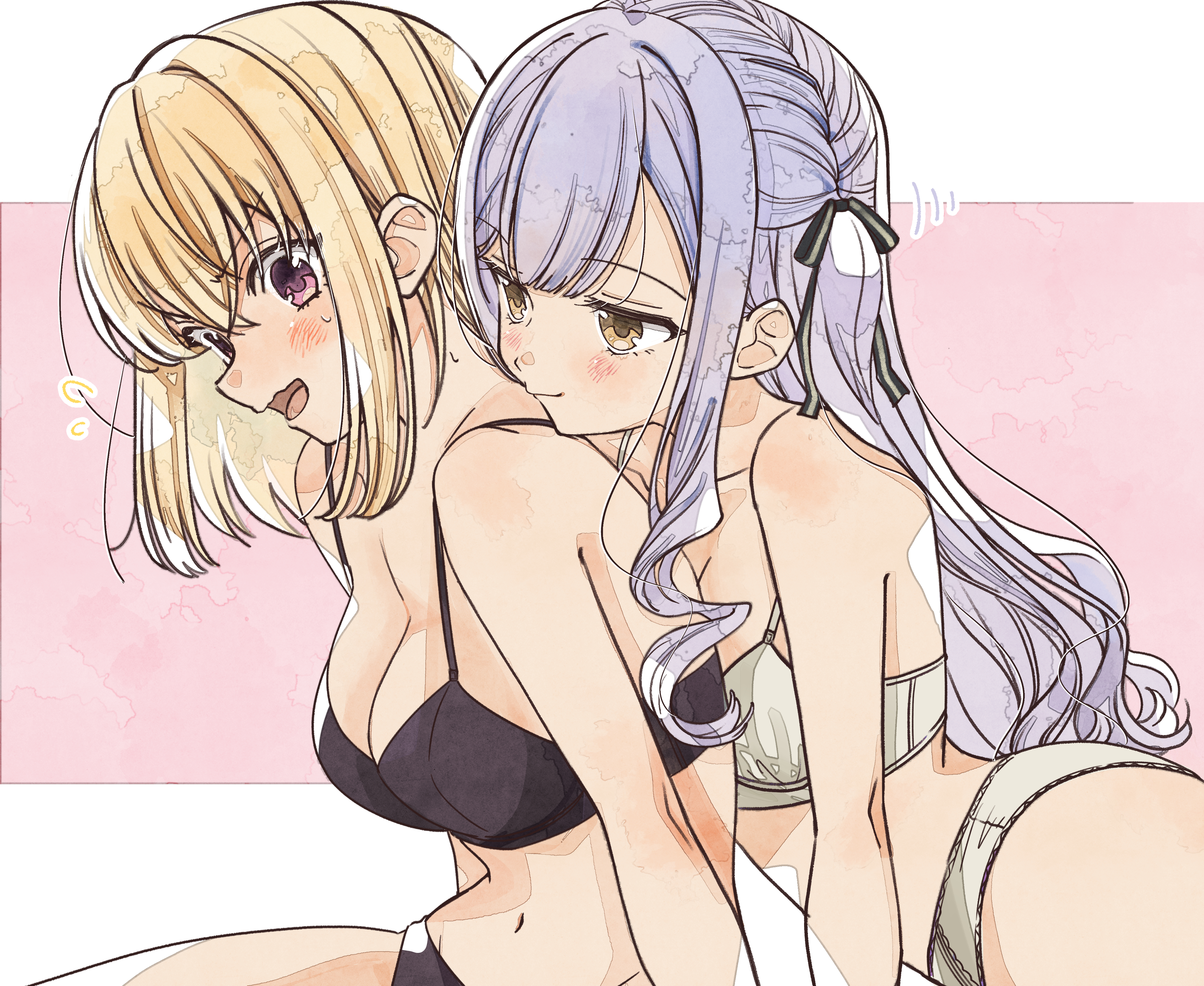 ccc cloudy, misumi uika, togawa sakiko, bang dream!, bang dream! it's mygo!!!!!, absurdres, commentary, highres, 2girls, black ribbon, blonde hair, blue hair, bra, breasts, closed mouth, flying sweatdrops, hair ribbon, head on another's shoulder, long hair, medium hair, multiple girls, open mouth, panties, purple bra, purple eyes, purple panties, ribbon, smile, two side up, underwear, underwear only, white bra, white panties, yellow eyes, yuri