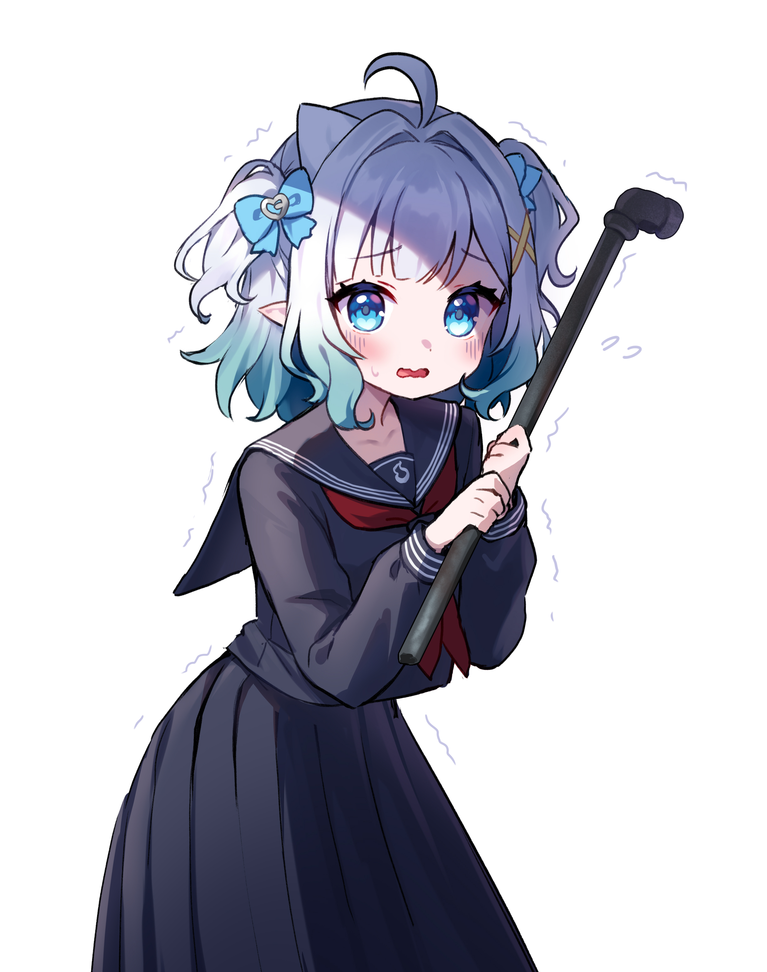 moorina, mint fantome, indie virtual youtuber, absurdres, commentary, english commentary, highres, 1girl, ahoge, aqua hair, black sailor collar, black serafuku, black shirt, black skirt, blue bow, blue eyes, bow, cowboy shot, gradient hair, hair bow, hair intakes, holding, holding lead pipe, lead pipe, leaning forward, long skirt, long sleeves, looking at viewer, multicolored hair, neckerchief, parted lips, pointy ears, red neckerchief, sailor collar, scared, school uniform, serafuku, shirt, short hair, sidelocks, simple background, skirt, solo, trembling, two-tone hair, two side up, virtual youtuber, wavy mouth, white background, white hair
