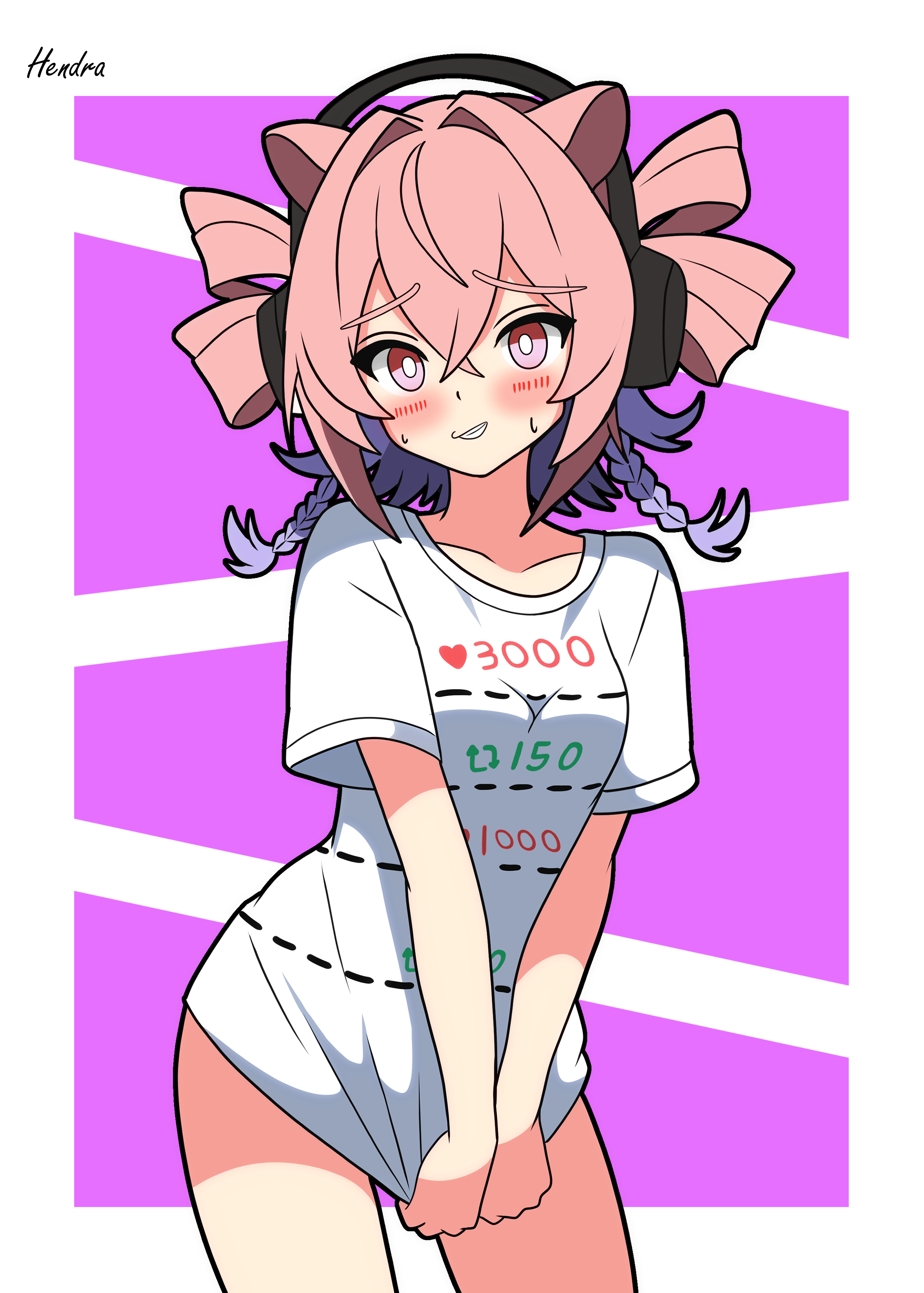 hendra, u-official (arknights), arknights, absurdres, highres, translation request, 1girl, animal ears, artist name, blush, braid, breasts, collarbone, contrapposto, cowboy shot, crossed bangs, headphones, looking at viewer, medium breasts, medium hair, multicolored hair, naked shirt, parted lips, pink eyes, pink hair, purple background, purple hair, shirt, shirt tug, short sleeves, signature, simple background, solo, twin braids, twitter cutting game, two-tone hair, white shirt