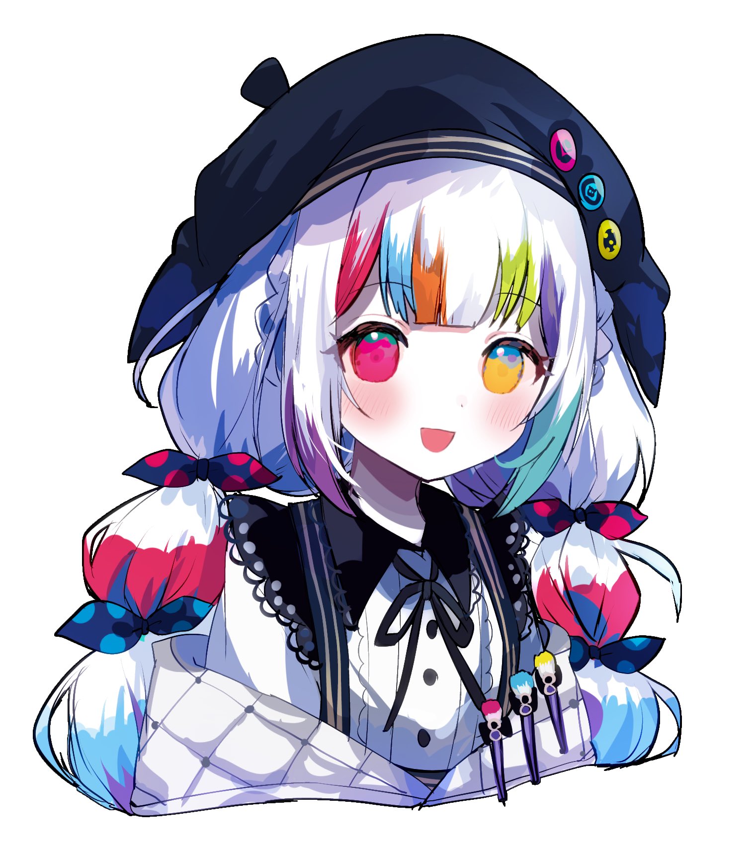 dodotsuki, jougasaki noa, mahou shoujo no majo saiban, commentary, highres, 1girl, :d, beret, black ribbon, blunt bangs, bow, collared shirt, cropped torso, hat, heterochromia, long hair, looking at viewer, magical girl, multi-tied hair, multicolored hair, neck ribbon, open mouth, paintbrush, pink eyes, polka dot, polka dot bow, ribbon, shirt, simple background, smile, solo, streaked hair, upper body, white background, white hair, white shirt, yellow eyes