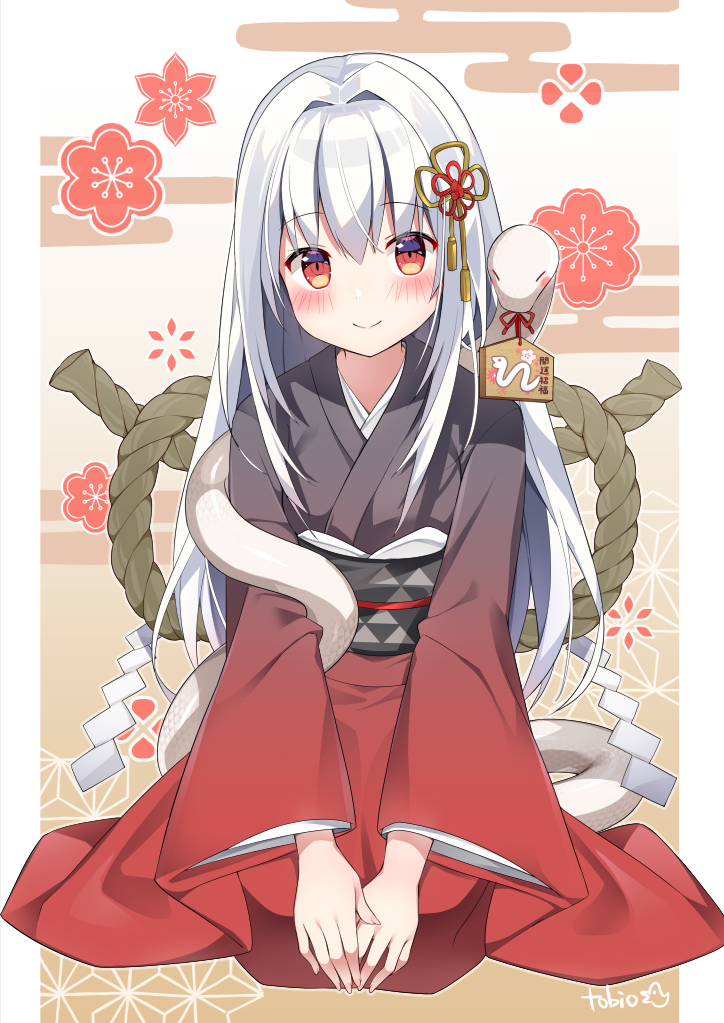 tobio illust, original, commentary request, 1girl, black kimono, black sash, blush, closed mouth, full body, gradient clothes, gradient kimono, japanese clothes, kimono, long hair, long sleeves, looking at viewer, new year, obi, outline, red eyes, red kimono, sash, signature, sitting, solo, white hair, white outline, wide sleeves