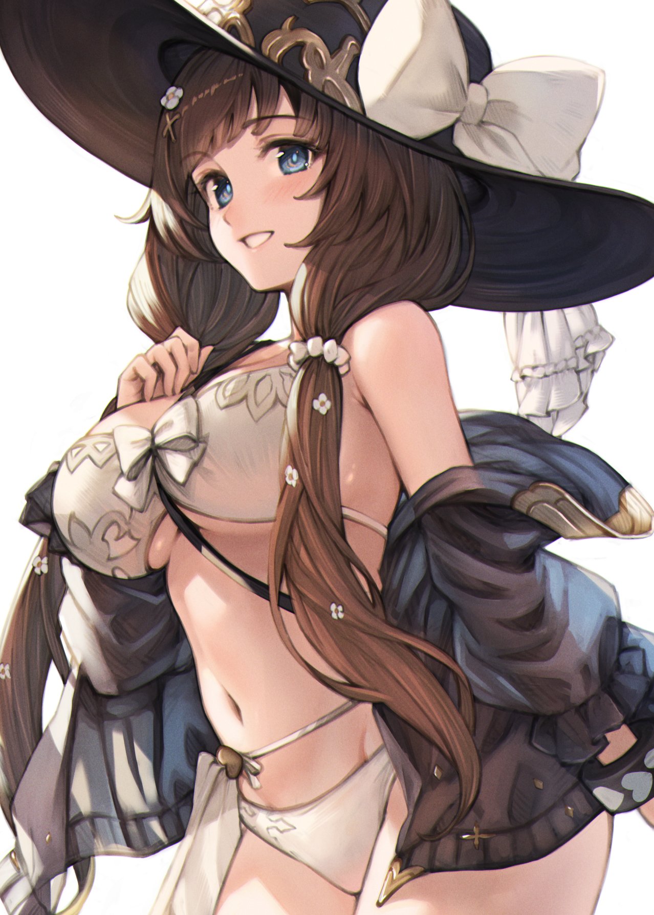 koretsuki azuma, raziel (granblue fantasy), raziel (summer) (granblue fantasy), granblue fantasy, highres, 1girl, bikini, blue eyes, breasts, brown hair, grin, groin tendon, hat, large breasts, looking at viewer, navel, skindentation, smile, solo, sun hat, swimsuit, underboob, white bikini