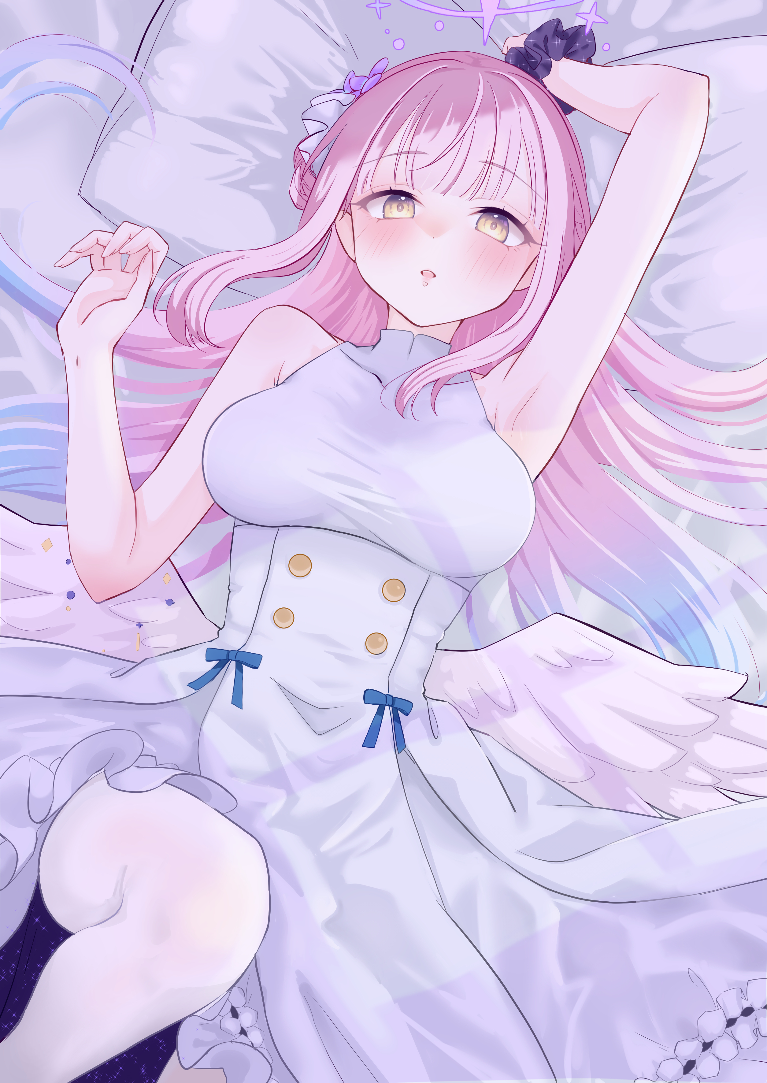 fujimura ram, mika (blue archive), blue archive, absurdres, highres, 1girl, angel wings, arm up, armpits, blush, breasts, buttons, double-breasted, dress, feathered wings, flower, hair bun, hair flower, hair ornament, halo, long hair, looking at viewer, low wings, lying, medium breasts, on back, open mouth, pantyhose, pillow, pink hair, pink halo, scrunchie, single hair bun, single side bun, sleeveless, sleeveless dress, solo, very long hair, white dress, white pantyhose, white wings, wing ornament, wings, wrist scrunchie, yellow eyes