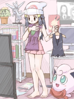 mimolette (mimo), purrin, cacnea, dawn (pokemon), jigglypuff, latias, latios, pikachu, nintendo, pokemon, lowres, 00s, 1girl, barefoot, beanie, blue hair, clothes hanger, clothes in front, covering privates, feet, gen 1 pokemon, gen 3 pokemon, hat, holding, holding unworn clothes, holding unworn scarf, indoors, legendary pokemon, legs, plant, pokemon (creature), scarf, slice of life, standing, unworn clothes, unworn scarf