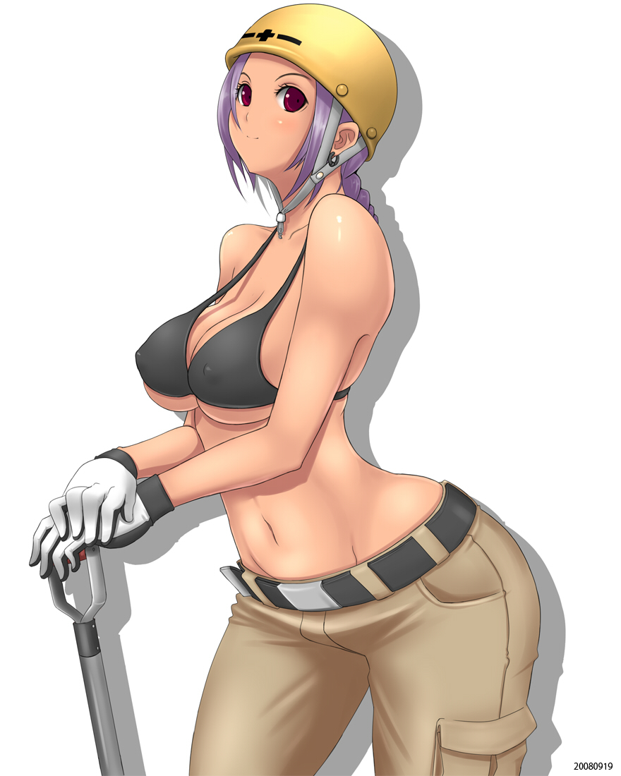 monmonism, bad id, bad pixiv id, bikini, bikini top only, black bikini, braid, breasts, gloves, hard hat, helmet, large breasts, midriff, pants, purple hair, red eyes, shovel, solo, swimsuit, worktool