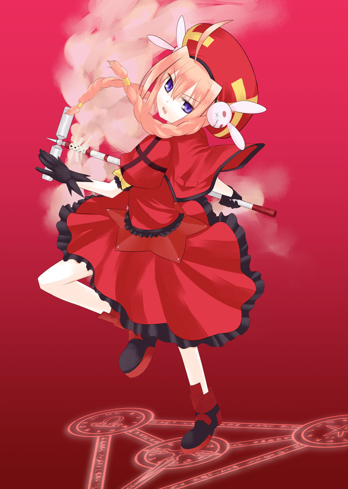 tank (artist), graf eisen, vita (nanoha), lyrical nanoha, mahou shoujo lyrical nanoha, mahou shoujo lyrical nanoha a's, 00s, 1girl, ahoge, blue eyes, boots, braid, cape, dress, female focus, full body, gloves, hat, leg lift, long hair, magic circle, mallet, open mouth, pink hair, rabbit, red background, solo, twin braids