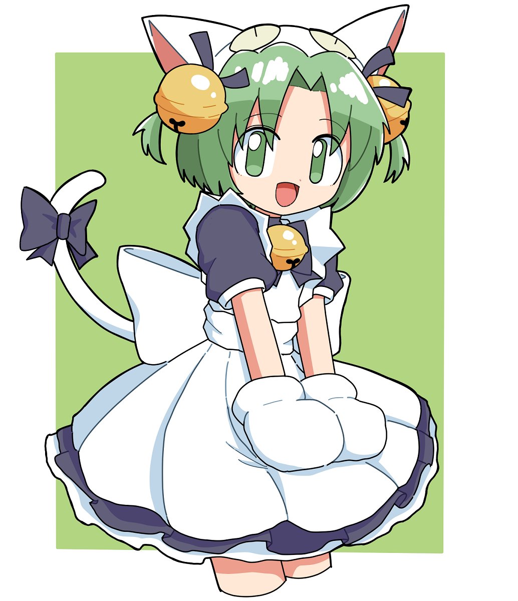 cocia (kosianko), dejiko, di gi charat, commentary request, highres, 1girl, :d, animal hat, apron, bell, blue bow, blue bowtie, blue dress, blue ribbon, bow, bowtie, cat girl, cat hat, cat tail, cropped legs, dress, green eyes, green hair, hair bell, hair ornament, hair ribbon, hat, jingle bell, looking at viewer, mittens, neck bell, open mouth, parted bangs, ribbon, short hair, short sleeves, smile, solo, tail, tail bow, tail ornament, two side up, white apron, white hat, white mittens