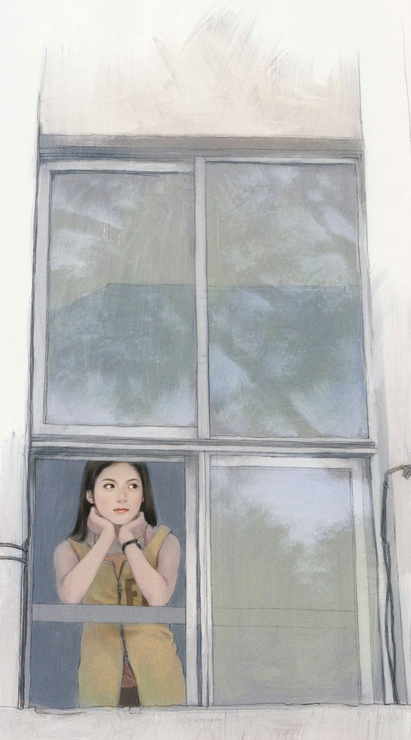 chen shu fen, highres, 1girl, black hair, female focus, long hair, looking outside, realistic, solo, window