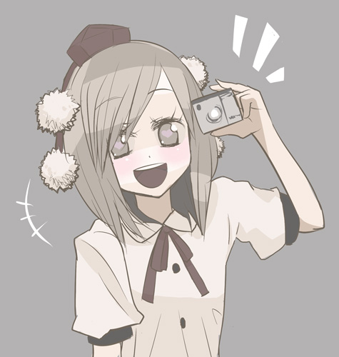 tank (artist), shameimaru aya, touhou, lowres, 1girl, blush, camera, female focus, hat, looking at viewer, open mouth, short hair, smile, solo