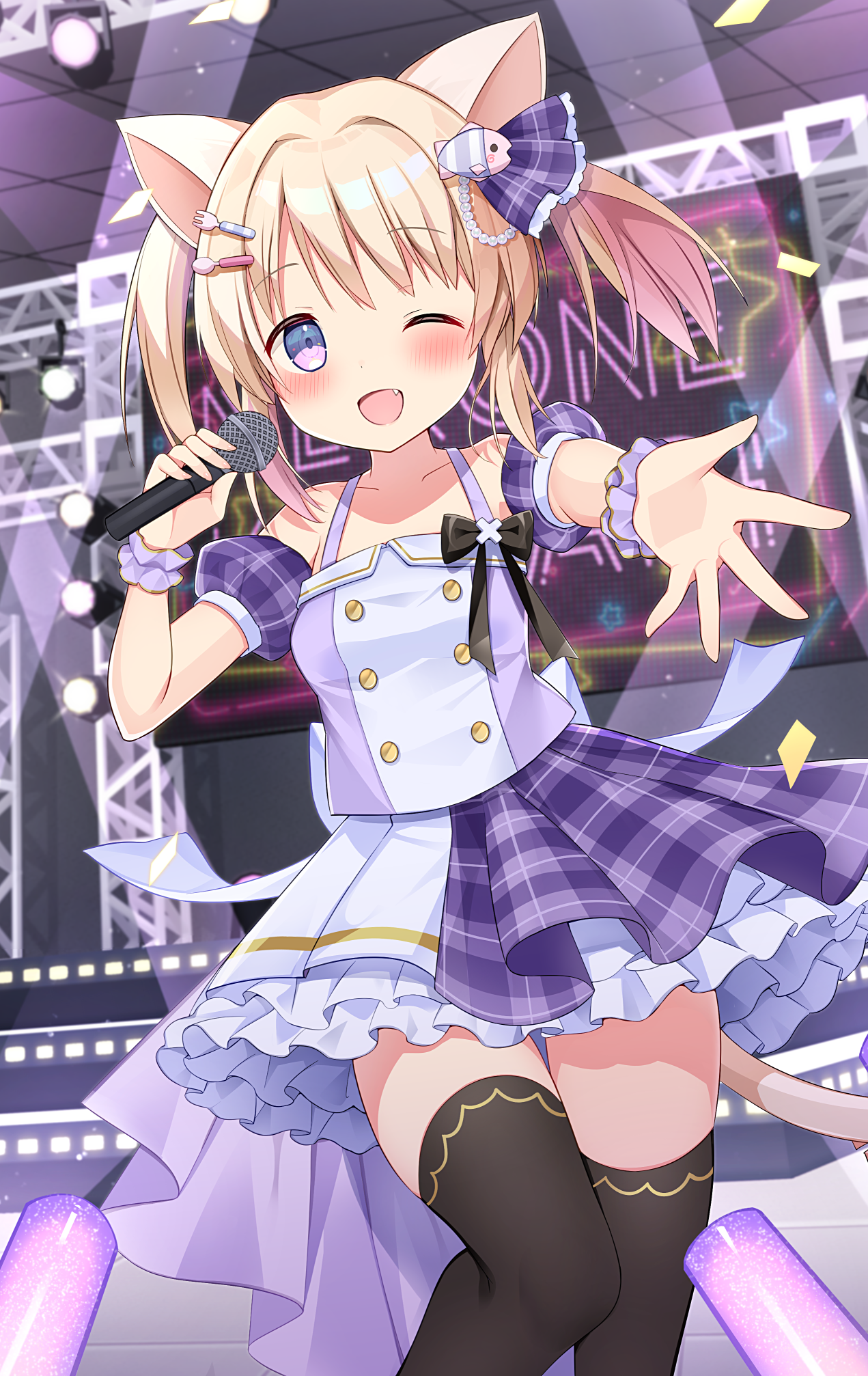 tobio illust, indie virtual youtuber, commentary, highres, 1girl, ;d, animal ears, bare shoulders, black thighhighs, blonde hair, blush, buttons, cat ears, cat girl, cat tail, collarbone, detached sleeves, double-breasted, fang, feet out of frame, frilled skirt, frills, hair ribbon, holding, holding microphone, looking at viewer, microphone, nekone komari, one eye closed, open mouth, outstretched arm, pink eyes, plaid clothes, plaid ribbon, plaid skirt, pleated skirt, purple ribbon, purple shirt, purple sleeves, ribbon, shirt, short hair, short sleeves, skirt, sleeveless, sleeveless shirt, smile, solo, tail, thighhighs, virtual youtuber, zettai ryouiki