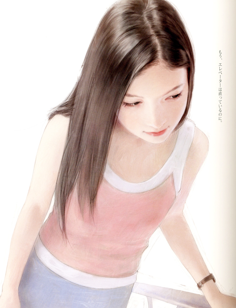 chen shu fen, highres, 1girl, arm support, brown hair, female focus, flat chest, leaning, leaning forward, lips, lipstick, long hair, makeup, photorealistic, realistic, sleeveless, smile, solo, tank top, text focus, watch, wristwatch