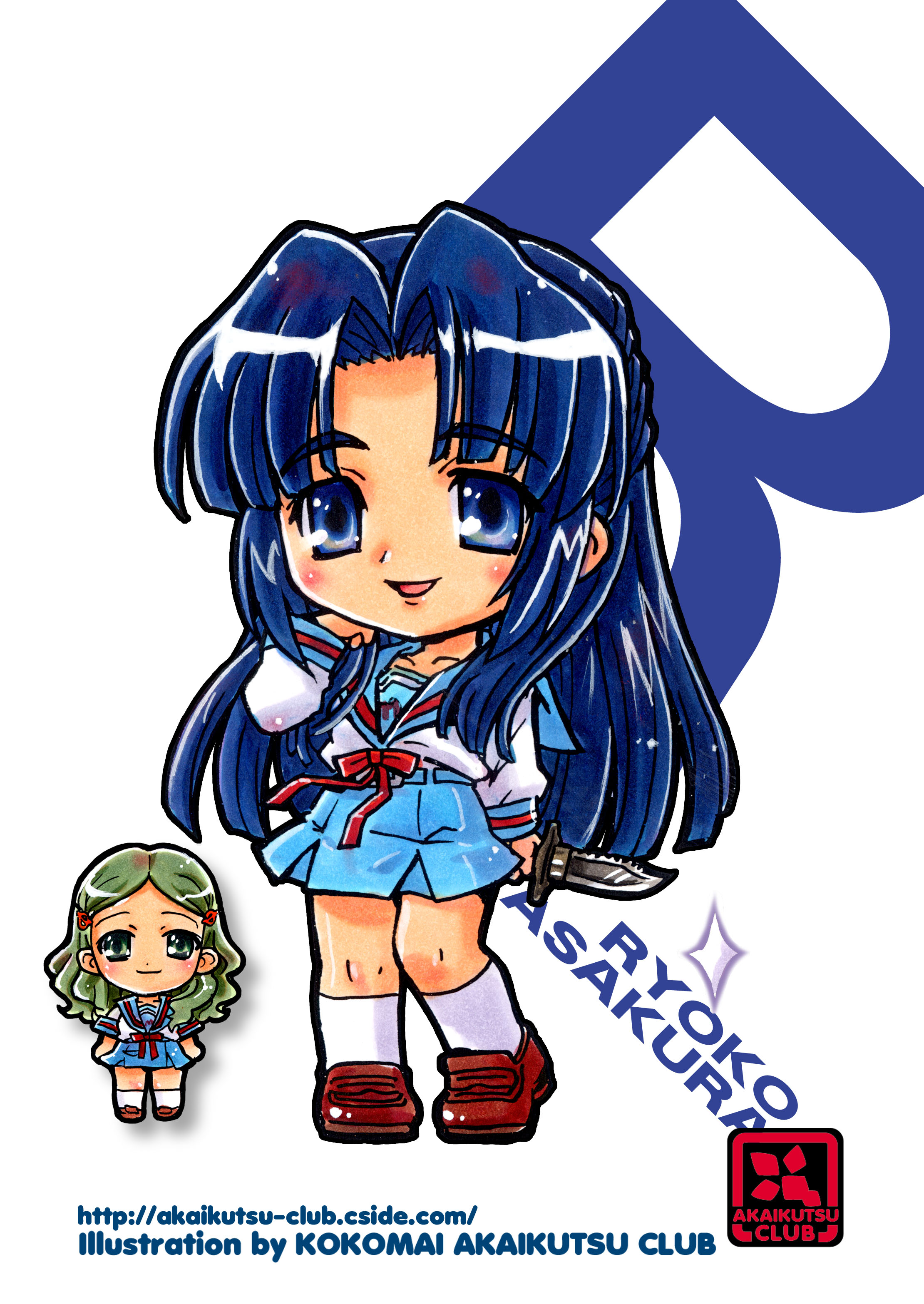 kokomahi, asakura ryoko, kimidori emiri, suzumiya haruhi no yuuutsu, absurdres, commentary, highres, 2girls, artist name, belt, blue belt, blue eyes, blue hair, blue sailor collar, blue skirt, brown shoes, character name, chibi, chibi only, circle name, closed mouth, curtained hair, full body, green hair, hair ornament, hairclip, hand up, holding, holding behind back, holding knife, holding knife behind back, kita high school uniform, kneehighs, knife, loafers, long hair, looking at viewer, multiple girls, open mouth, parted bangs, red ribbon, ribbon, sailor collar, school uniform, shirt, shoes, skirt, smile, socks, sparkle, standing, summer uniform, watermark, web address, white shirt, white socks, winter uniform