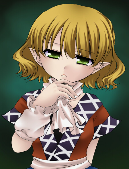 jyako, mizuhashi parsee, touhou, 1girl, ascot, blonde hair, expressionless, female focus, green background, green eyes, long sleeves, looking at viewer, pointy ears, short hair, simple background, solo, thinking, upper body