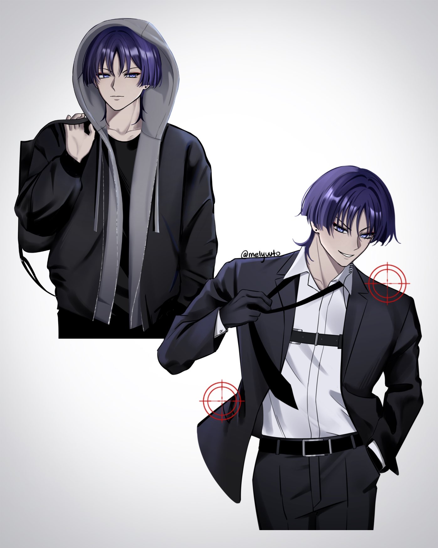 scaramouche (genshin impact), genshin impact, highres, 1boy, alternate body size, alternate costume, backpack, bag, bishounen, black bag, black gloves, black jacket, black pants, black shirt, black sleeves, black suit, blunt ends, bright pupils, casual, chest harness, closed mouth, clothes grab, collarbone, collared shirt, contemporary, crosshair, drawstring, dress pants, dress shirt, earrings, eyeliner, eyeshadow, formal clothes, gloves, grey hood, hand in pocket, hand up, harness, hood, hood up, hooded jacket, jacket, jewelry, lapels, layered sleeves, long sleeves, makeup, male focus, melyuuto, multiple views, necktie, necktie grab, neckwear grab, open clothes, open jacket, pants, purple eyes, purple hair, red eyeliner, red eyeshadow, shirt, smirk, solo, suit, suit jacket, tsurime, twitter username, undershirt, v-shaped eyebrows, white background, white pupils, white shirt, white sleeves, wispy bangs