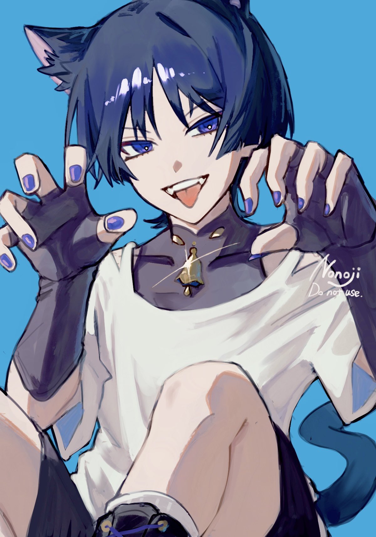nonoji (nonoji ekaki), scaramouche (genshin impact), wanderer (genshin impact), genshin impact, highres, 1boy, alternate costume, animal ear fluff, animal ears, artist name, bell, black bodysuit, black boots, black gloves, black hair, black shorts, blue background, blunt ends, bodysuit, boots, bright pupils, casual, cat boy, cat ears, cat tail, contemporary, covered collarbone, curled fingers, eyeliner, eyeshadow, fangs, fingerless gloves, glint, gloves, gold, hands up, lace-up boots, looking at viewer, makeup, male focus, mandarin collar, neck bell, paw pose, purple eyes, purple nails, red eyeliner, red eyeshadow, shirt, short sleeves, shorts, shoulder peek, socks, solo, tail, teeth, tongue, tongue out, tsurime, upper teeth only, white pupils, white shirt, white sleeves, white socks, wispy bangs