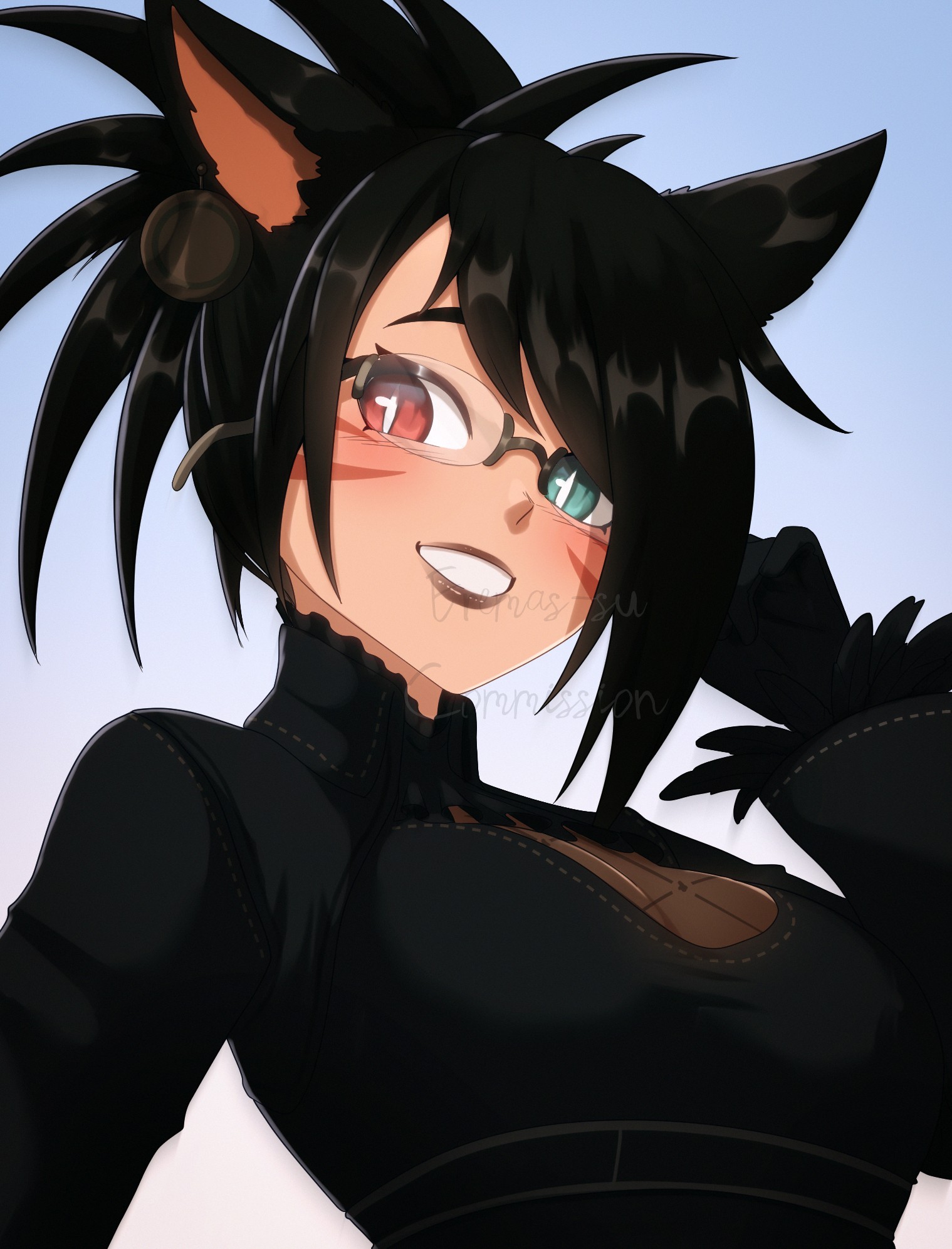 eremas-su, warrior of light (ff14), final fantasy, final fantasy xiv, commission, highres, 1girl, adjusting eyewear, animal ears, black gloves, black hair, blue background, blush, breasts, cat ears, cleavage cutout, clothing cutout, eyebrows hidden by hair, facial mark, glasses, gloves, green eyes, heterochromia, lipstick, makeup, medium breasts, medium hair, miqo'te, open mouth, red eyes, simple background, slit pupils, smile, solo, teeth, upper body