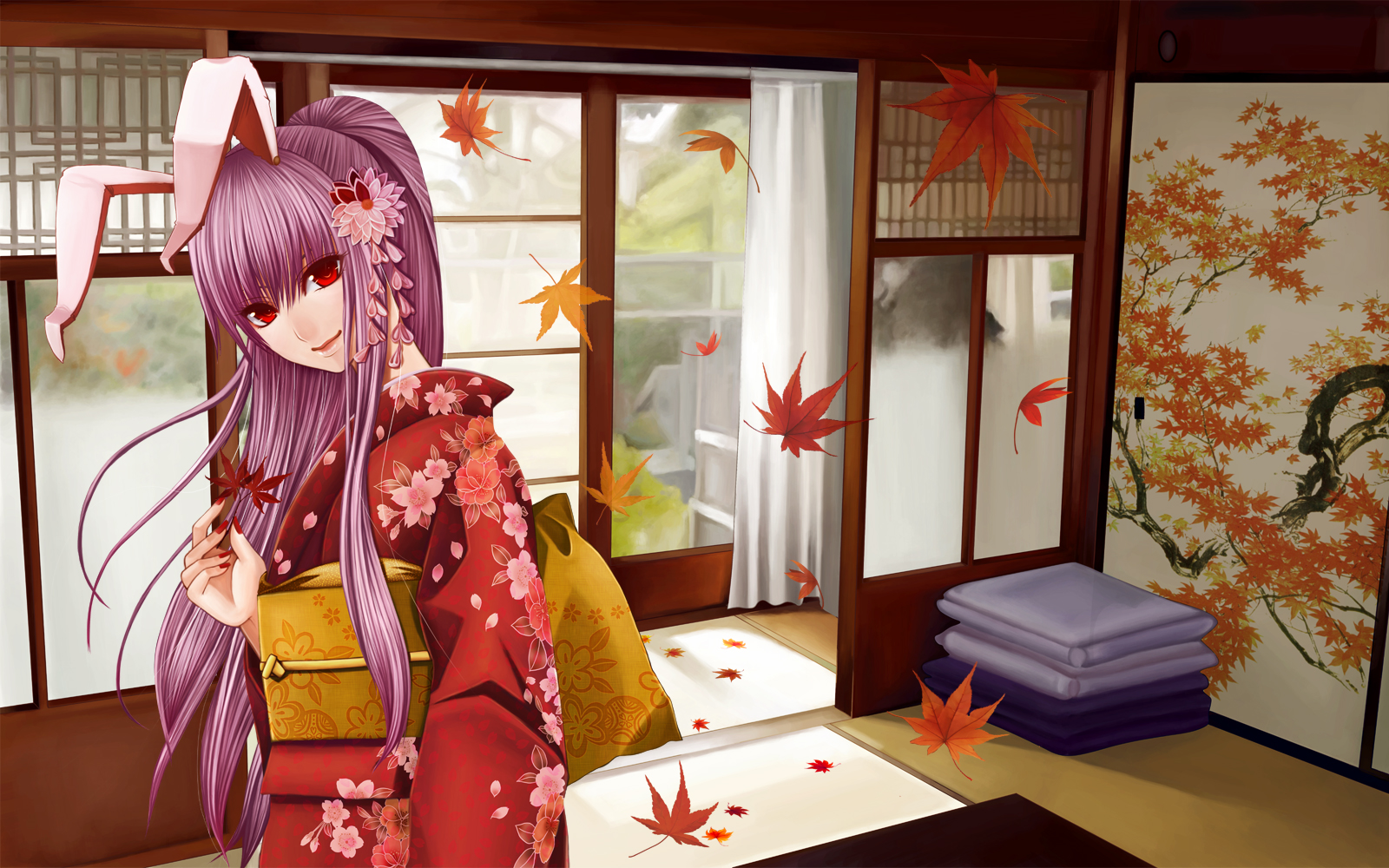 nonoko, yuuka nonoko, reisen udongein inaba, touhou, bad id, bad pixiv id, highres, 1girl, alternate costume, animal ears, architecture, autumn, east asian architecture, female focus, flower, hair flower, hair ornament, japanese clothes, kimono, leaf, lips, long hair, looking at viewer, maple leaf, nail polish, purple hair, rabbit ears, red eyes, red nails, sliding doors, smile, solo