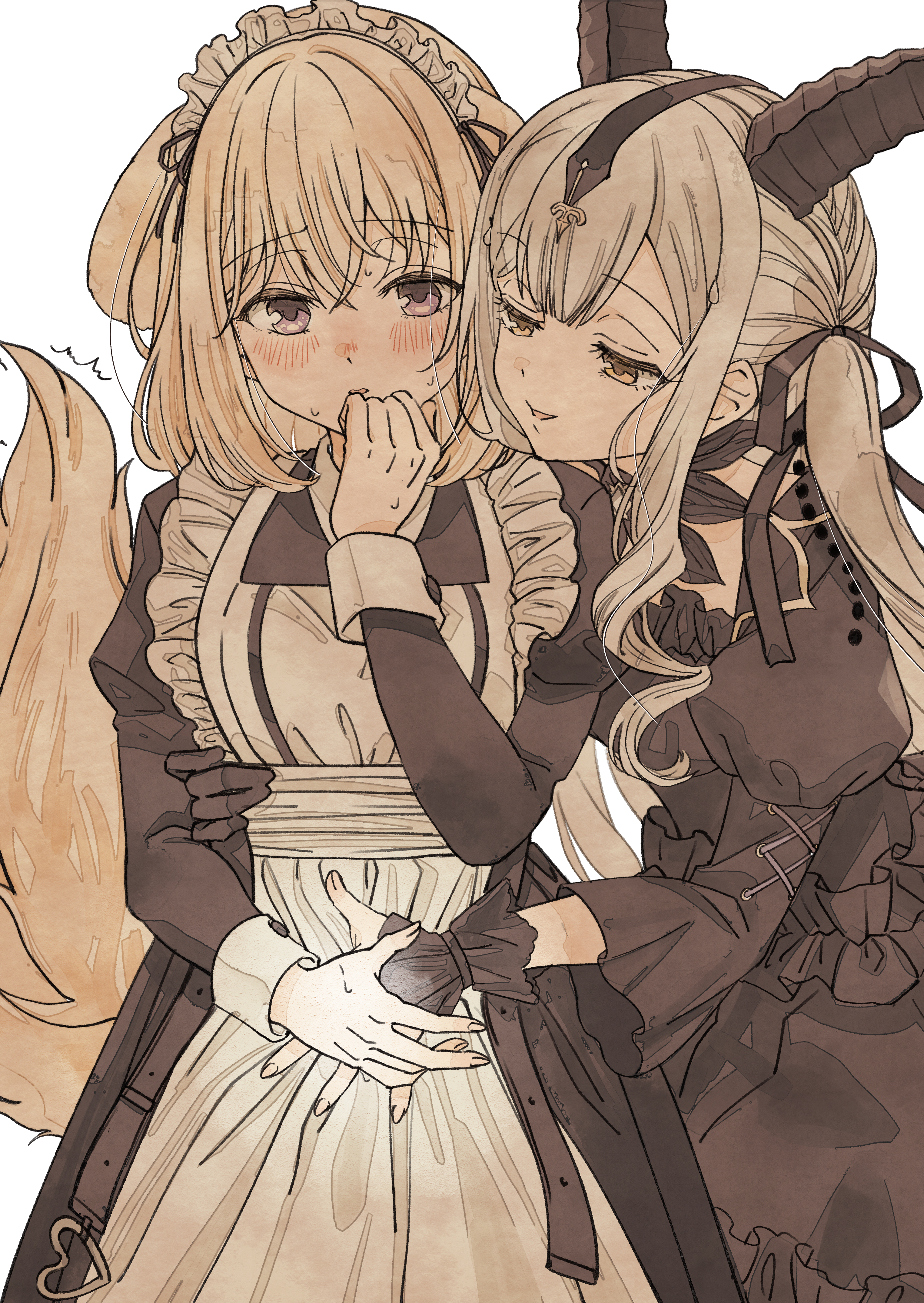 ccc cloudy, misumi uika, misumi uika (caged singer), togawa sakiko, togawa sakiko (master of melodia), arknights, bang dream!, bang dream! it's mygo!!!!!, absurdres, commentary, highres, 2girls, animal ears, apron, black dress, blonde hair, blush, demon horns, dog ears, dog tail, dress, horns, long hair, long sleeves, maid, maid apron, maid headdress, medium hair, multiple girls, parted lips, purple eyes, smile, tail, two side up, white apron, white headdress, yellow eyes, yuri