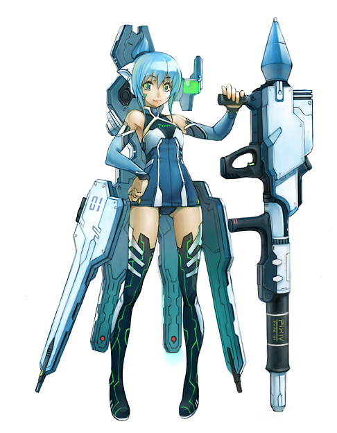 kurojishi, pixiv-tan, pixiv, bad id, bad pixiv id, blue hair, solo, swimsuit, thighhighs, weapon, zettai ryouiki