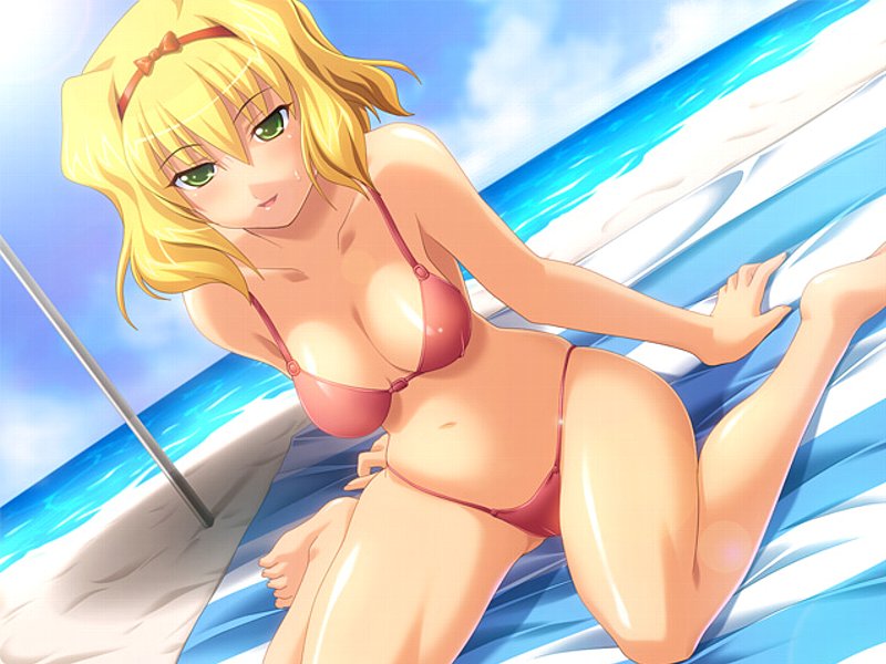 alice margatroid, onee-san x scratch, touhou, artist request, non-web source, 1girl, barefoot, beach, bikini, blonde hair, breasts, cameltoe, cleavage, day, female focus, green eyes, hairband, kneeling, large breasts, navel, ocean, red bikini, short hair, sitting, solo, sweat, swimsuit, wariza, water