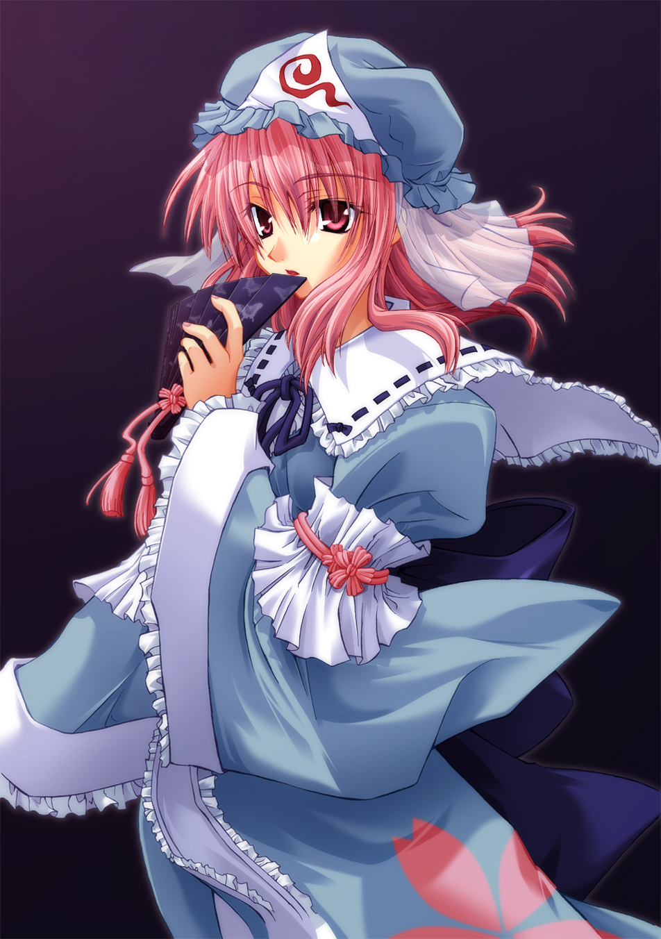 nekogami yamato, omi, omi (imoya), saigyouji yuyuko, touhou, colorized, highres, 1girl, female focus, folding fan, hand fan, hat, japanese clothes, kimono, pink hair, ribbon, short hair, solo