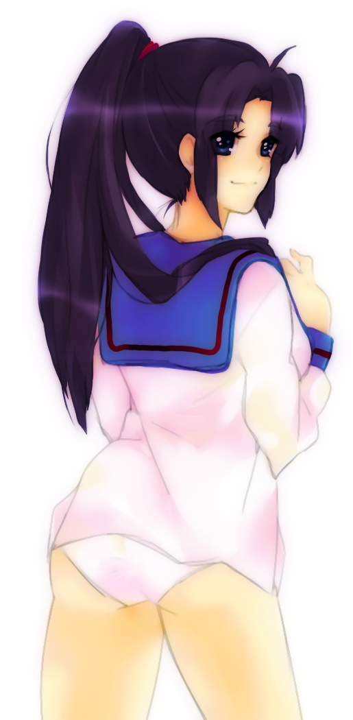 tashimo, asakura ryoko, suzumiya haruhi no yuuutsu, 00s, 1girl, blue eyes, blue hair, bottomless, female focus, long hair, no pants, panties, ponytail, school uniform, serafuku, solo, underwear, white panties