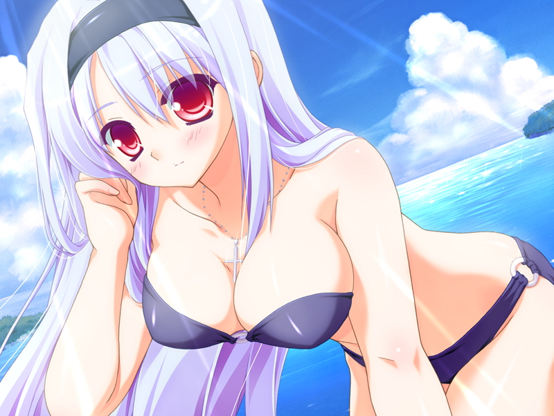 hiiragi yukino (thirua panic), thirua panic, game cg, non-web source, 1girl, bikini, blue hair, breasts, cleavage, cross, day, dutch angle, female focus, hairband, jewelry, large breasts, leaning forward, long hair, necklace, o-ring, o-ring bottom, o-ring top, ocean, red eyes, solo, swimsuit