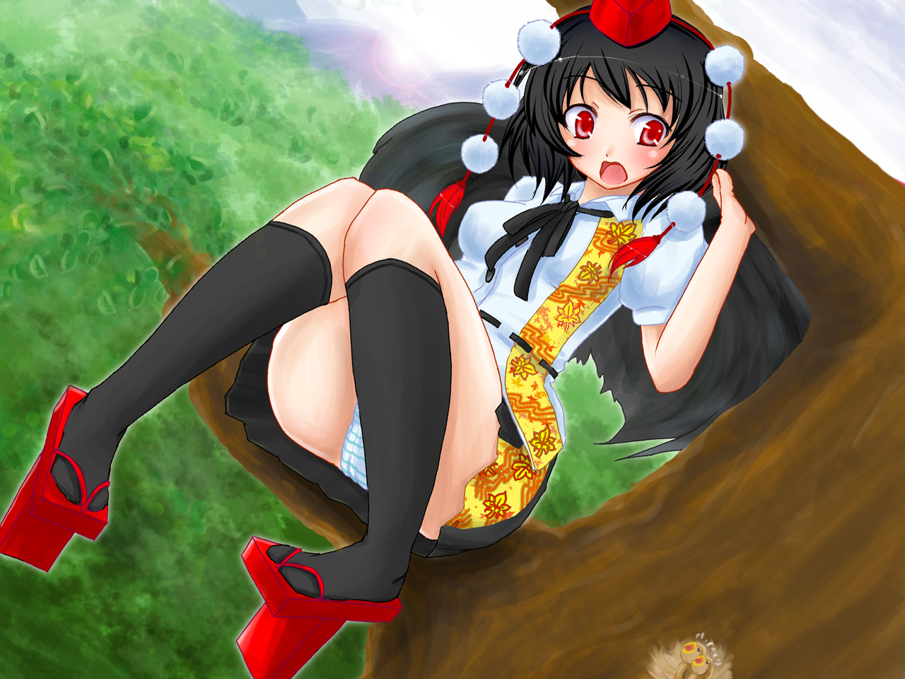 dorogumi, shameimaru aya, touhou, 1girl, bird, black hair, black wings, blush, female focus, geta, hat, in tree, looking at viewer, open mouth, panties, ribbon, short hair, sitting, sitting in tree, skirt, solo, tengu-geta, tree, underwear, wings