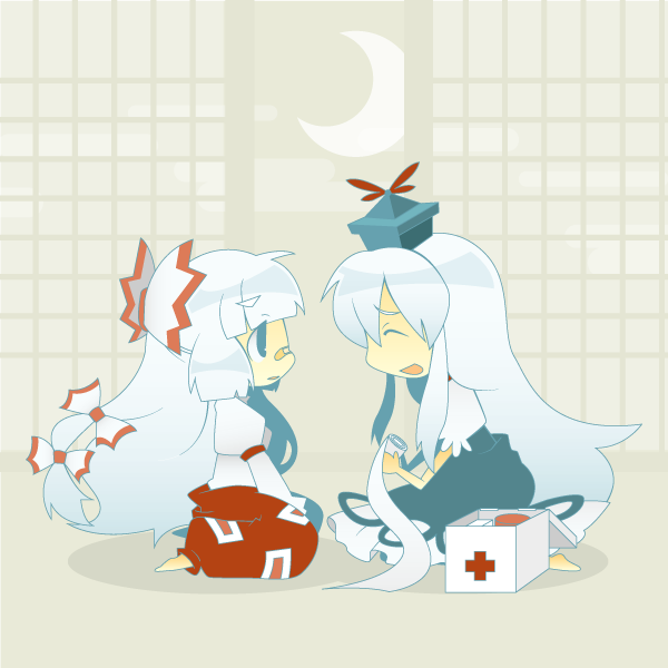 misaki, misaki (1n1m), fujiwara no mokou, kamishirasawa keine, touhou, 2girls, bandaid, barefoot, chibi, female focus, first aid, first aid kit, kneeling, long hair, moon, multiple girls