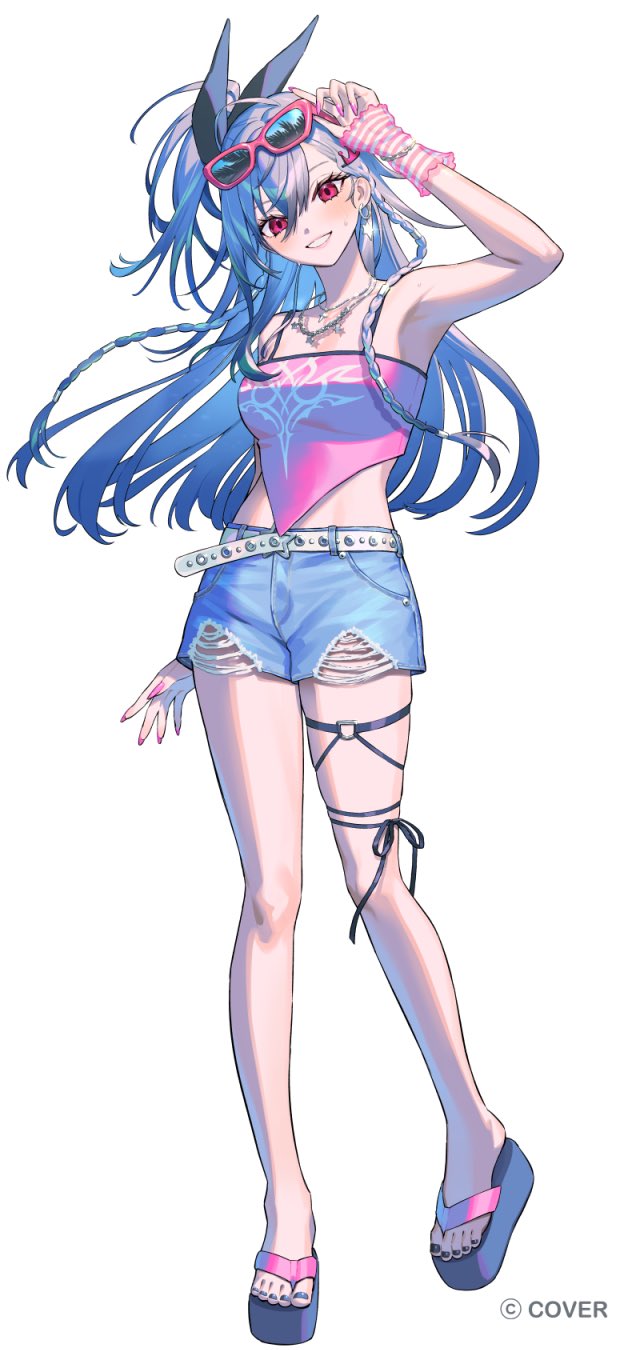 aburage (motimotigg20), isaki riona, hololive, hololive dev is, commentary request, highres, official art, 1girl, :d, adjusting eyewear, arm up, armpits, bare shoulders, black bow, black nails, blue shorts, bow, braid, breasts, copyright notice, denim, denim shorts, double-parted bangs, earrings, eyewear on head, full body, grey hair, hair bow, jewelry, long hair, looking at viewer, medium breasts, nail polish, necklace, o-ring, o-ring thigh strap, one side up, open mouth, pink nails, pink shirt, platform sandals, red eyes, sandals, shirt, short shorts, shorts, side braids, sidelocks, simple background, sleeveless, sleeveless shirt, smile, solo, standing, sunglasses, swept bangs, thigh strap, toenail polish, toenails, torn clothes, torn shorts, virtual youtuber, white background