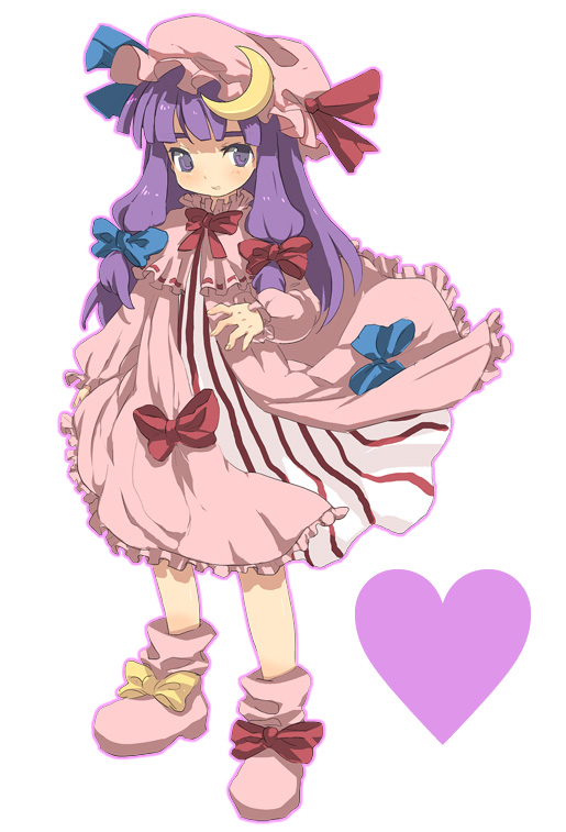 dadami, patchouli knowledge, touhou, bad id, bad pixiv id, 1girl, female focus, full body, hat, long hair, purple hair, ribbon, simple background, solo, standing, white background