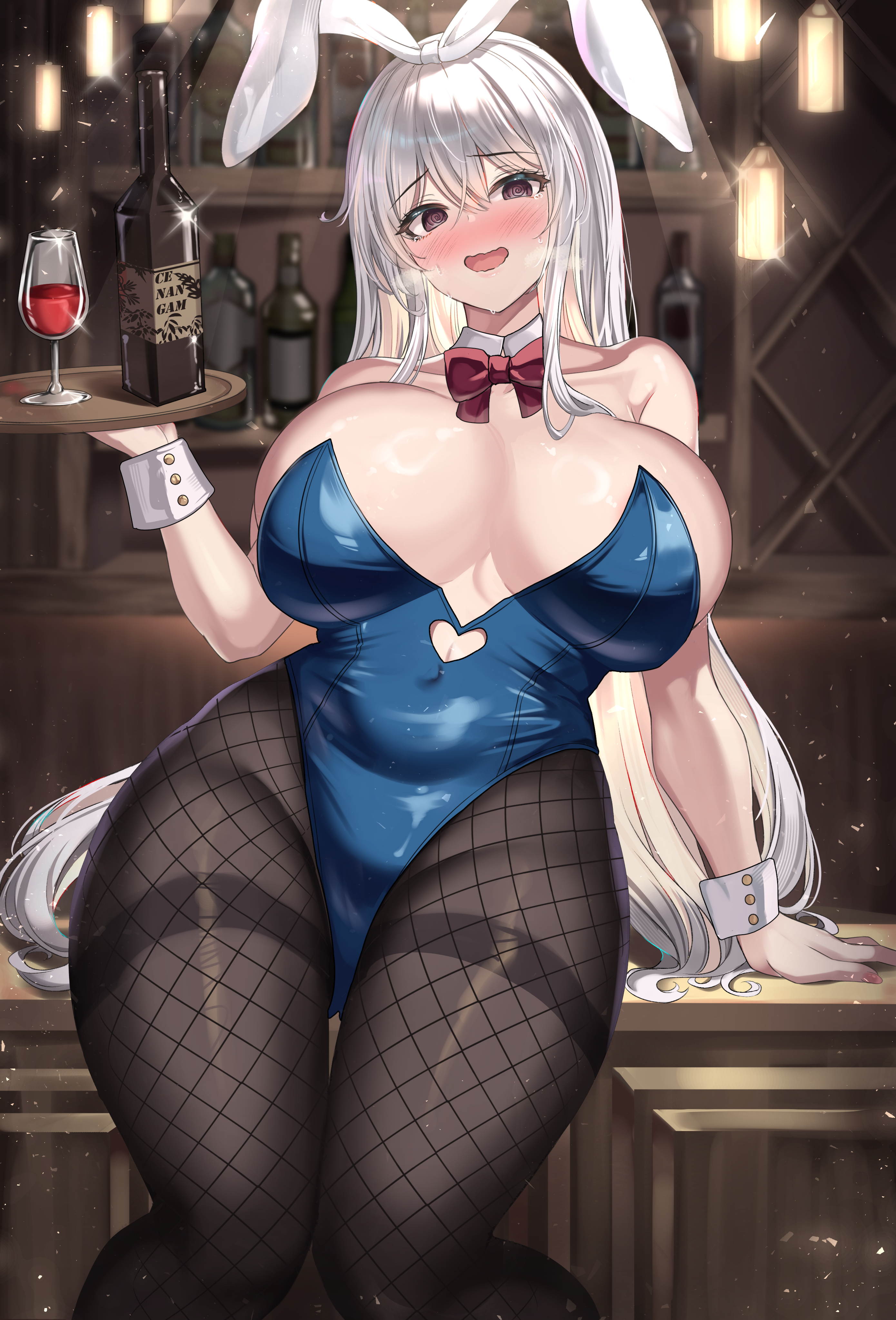 cenangam, dungeon and fighter, original, absurdres, commission, highres, second-party source, 1girl, @ @, bar (place), bare shoulders, birth's character, black eyes, blue leotard, bow, bowtie, breasts, brown pantyhose, cleavage, clothing cutout, covered navel, cup, cutout above navel, desk, detached collar, drinking glass, fishnet pantyhose, fishnets, hair ribbon, hand up, heart cutout, highleg, highleg leotard, huge breasts, indoors, leotard, long hair, looking at viewer, nose, on desk, open mouth, pantyhose, playboy bunny, ribbon, sitting, smile, solo, strapless, strapless leotard, thighband pantyhose, tray, very long hair, white hair, wine glass, wrist cuffs