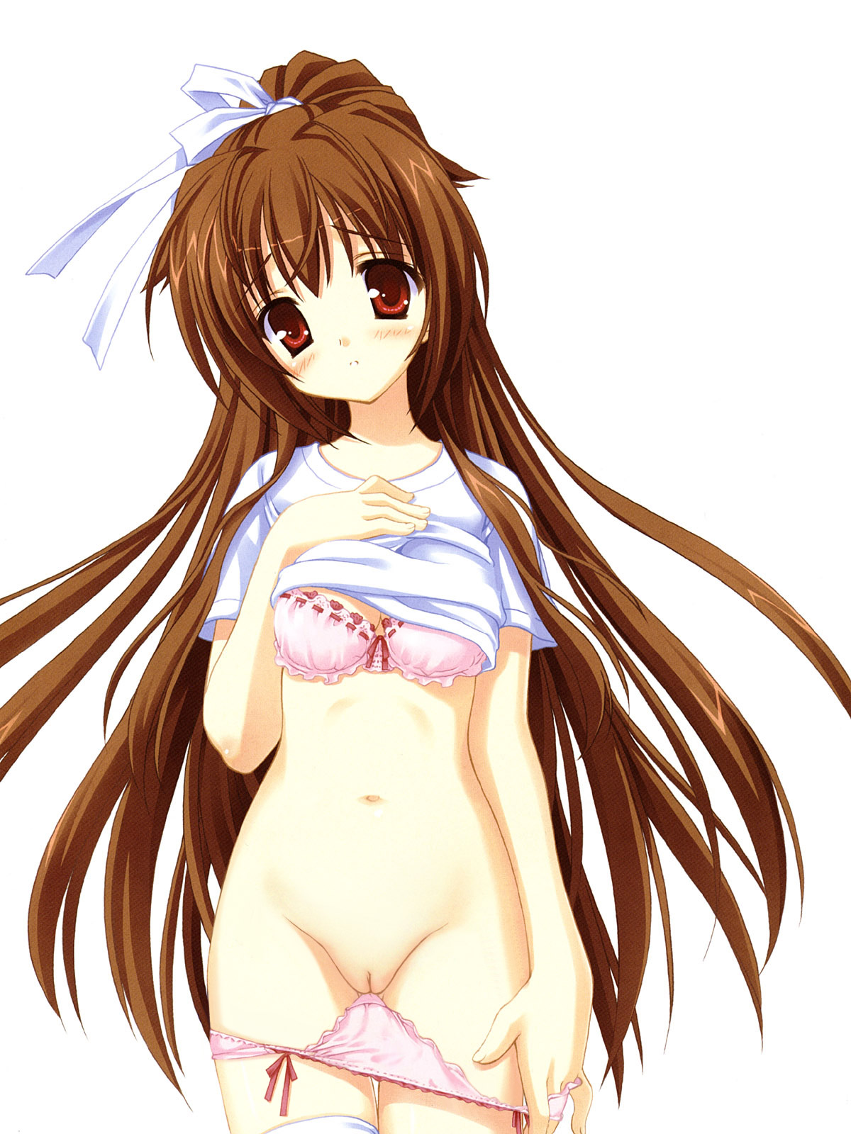 kobuichi, nakanoshima tae, natsume rin, bra-ban!, little busters!, highres, scan, 1girl, blush, bow, bow bra, bow panties, bra, brown hair, clothes lift, female focus, lingerie, long hair, looking at viewer, matching underwear, navel, no pants, panties, panty pull, pink bra, pink panties, ponytail, pussy, red bow, red eyes, red ribbon, ribbon, ribbon-trimmed underwear, ribbon trim, shirt lift, solo, standing, tareme, underwear, undressing