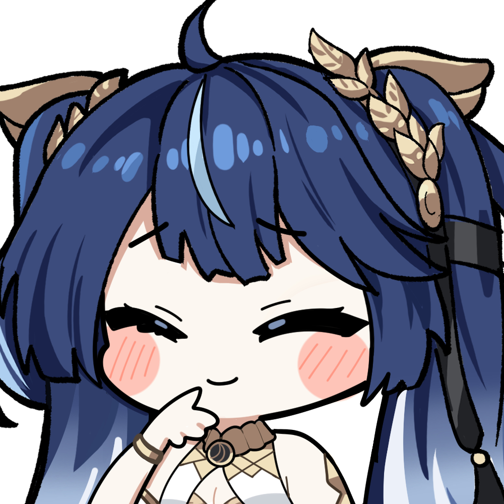 twomoon, iuno (wuthering waves), wuthering waves, commentary, english commentary, 1girl, ahoge, bare shoulders, blue hair, breasts, cleavage, closed eyes, closed mouth, gradient hair, hand up, laurel crown, long hair, medium breasts, multicolored hair, portrait, simple background, smile, solo, streaked hair, twintails, white background