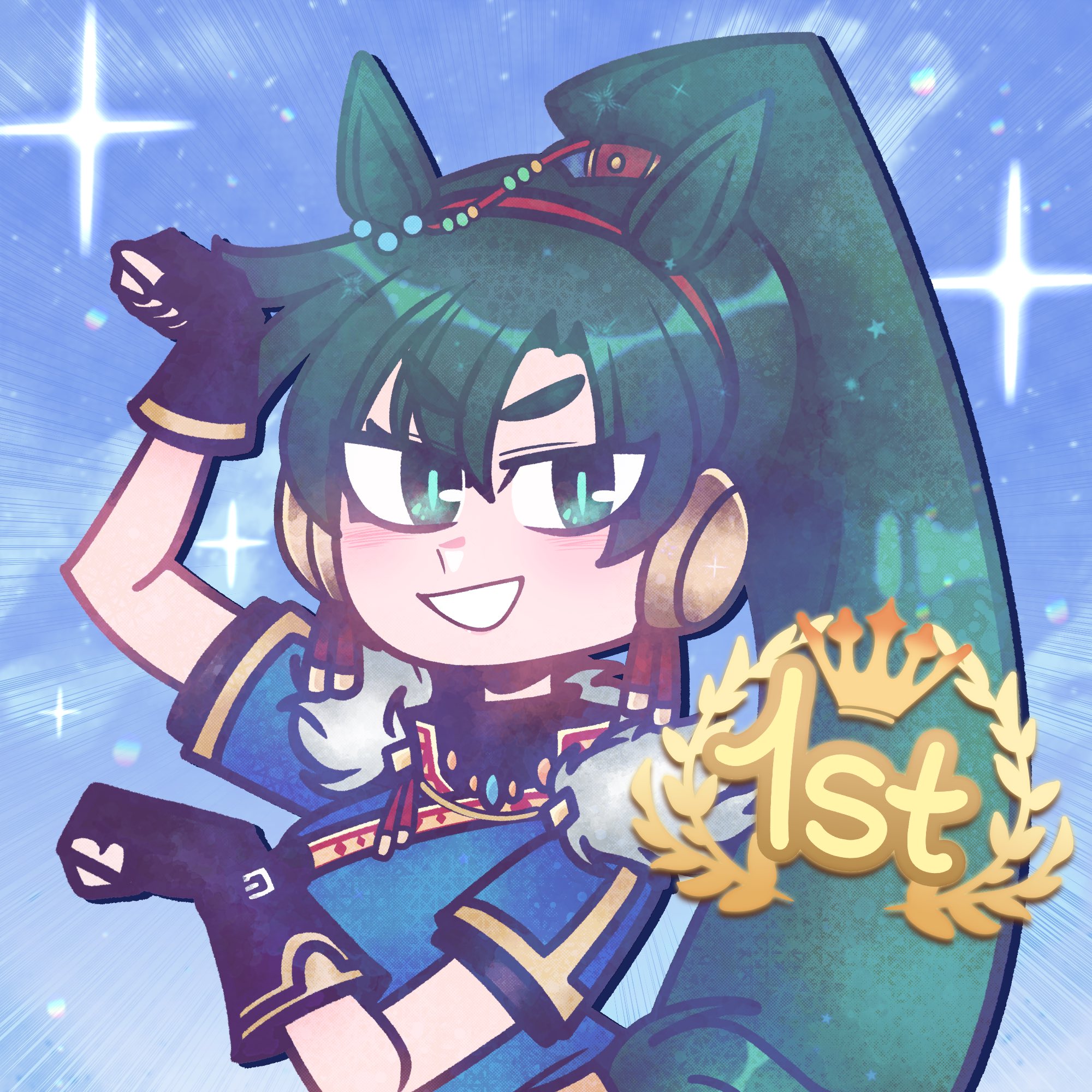 d vaaaah, lyn (fire emblem), fire emblem, fire emblem: the blazing blade, nintendo, umamusume, highres, 1girl, animal ears, black gloves, blue dress, blush, breasts, dress, earrings, fingerless gloves, fire emblem shadows, fur trim, gloves, green eyes, green hair, grin, hairband, high ponytail, horse ears, horse girl, horse pose, jewelry, long hair, looking at viewer, medium breasts, open mouth, ponytail, red hairband, short sleeves, smile, solo, star (symbol), upper body, very long hair