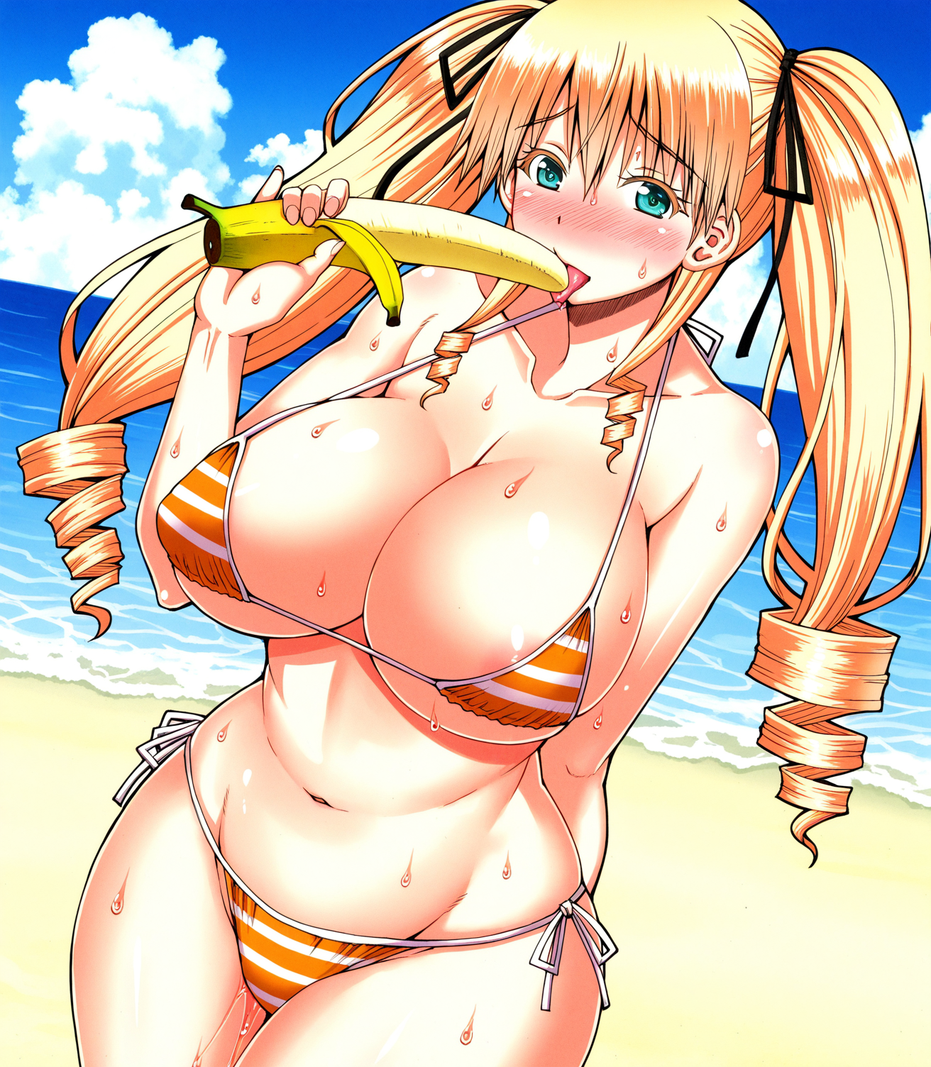 highres, non-web source, 1girl, ayano mariangela, banana, beach, bikini, blonde hair, blush, breasts, food, fruit, green eyes, kagome no inyoku, ocean, standing, swimsuit, tongue