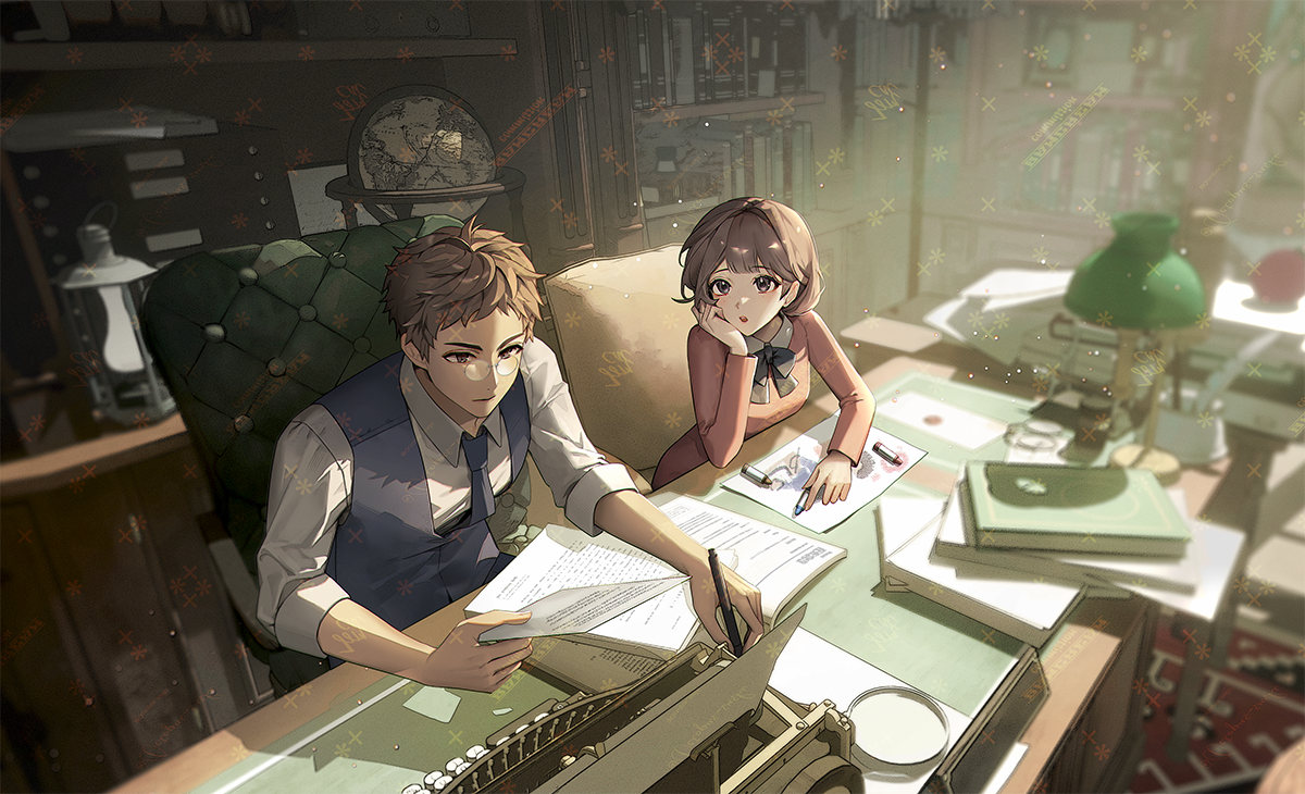 bamcream, original, commentary, commission, english commentary, 1boy, 1girl, black bow, black bowtie, blue necktie, blue vest, book, bow, bowtie, brown eyes, brown hair, chair, closed mouth, collared shirt, glasses, globe, holding, holding paper, holding pen, indoors, lantern, long sleeves, necktie, open mouth, paper, pen, pink shirt, round eyewear, shirt, short hair, sitting, typewriter, vest, watermark, white shirt