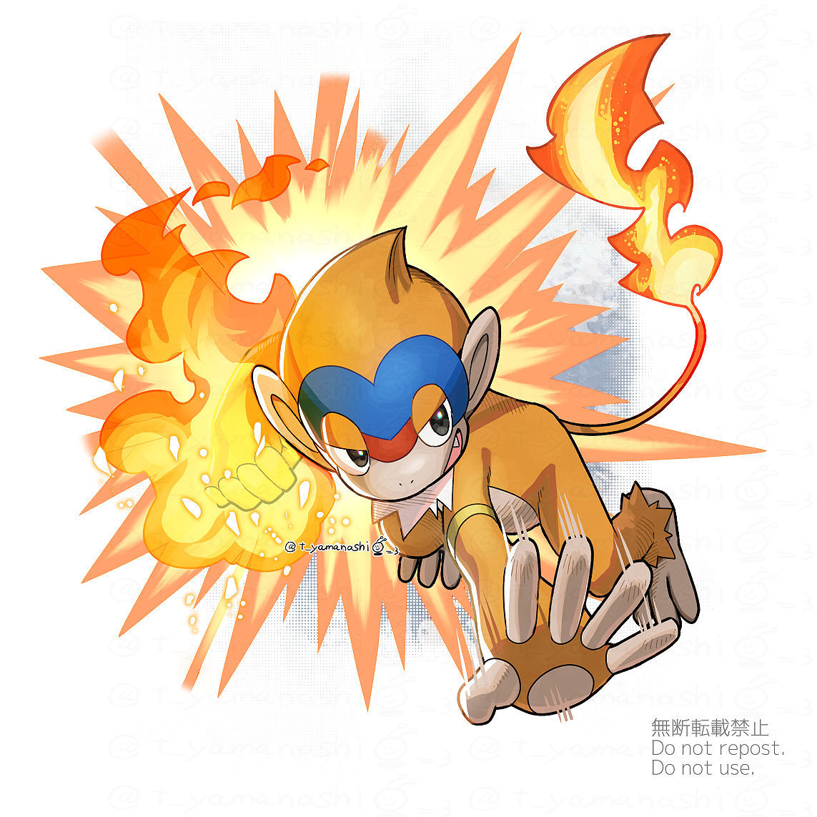 yamanashi taiki, monferno, nintendo, pokemon, artist name, brown fur, english text, fire, flame-tipped tail, gen 4 pokemon, monkey, pokemon (creature), solo, tail, watermark, white background