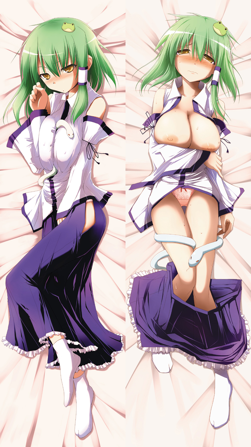 kurikara, kochiya sanae, touhou, highres, 1girl, bed, between breasts, breasts, dakimakura (medium), female focus, green hair, huge breasts, japanese clothes, long hair, miko, multiple views, nude, panties, snake, underwear