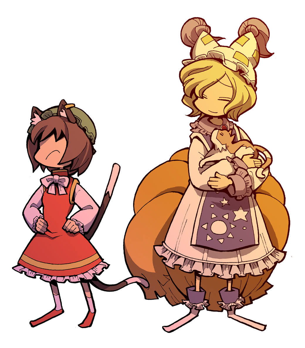 hounori, chen, yakumo ran, touhou, 2girls, animal ears, animal hat, blonde hair, brown hair, cat, cat ears, cat tail, closed eyes, dress, earrings, female focus, fox ears, fox tail, hat, jewelry, long sleeves, mob cap, multiple girls, multiple tails, no eyes, shoes, short hair, socks, tail, tassel, white background