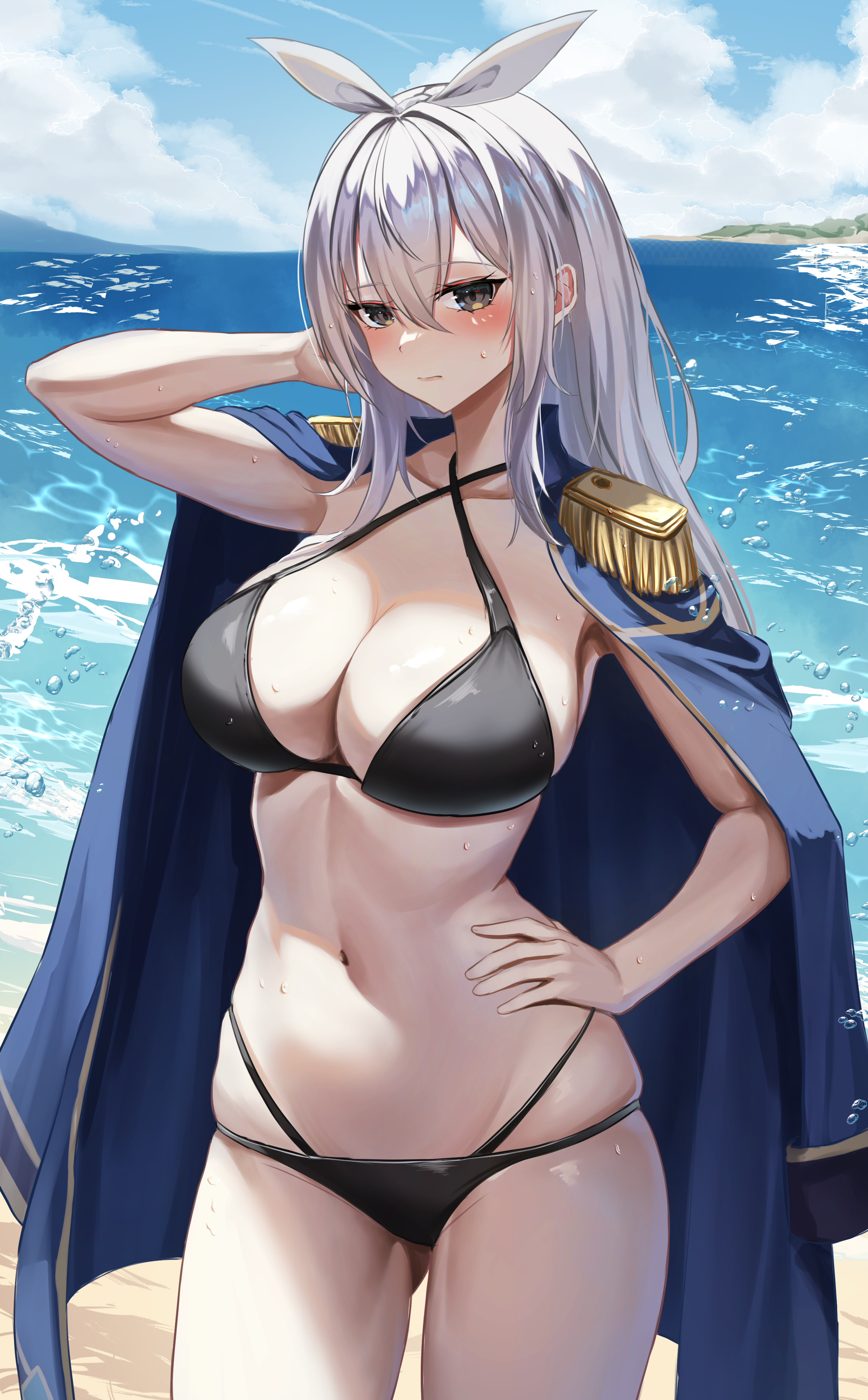 takagi (takag1 k2), dungeon and fighter, original, absurdres, commission, highres, second-party source, 1girl, arm behind head, arm up, armpits, bikini, birth's character, black bikini, black eyes, blue coat, blush, breasts, cleavage, closed mouth, coat, coat on shoulders, cowboy shot, criss-cross halter, day, epaulettes, gluteal fold, hair between eyes, hair ribbon, halterneck, hand on own hip, large breasts, long hair, long sleeves, looking at viewer, multi-strapped bikini bottom, navel, ocean, outdoors, ribbon, skindentation, solo, stomach, string bikini, swimsuit, thighs, wet, white hair
