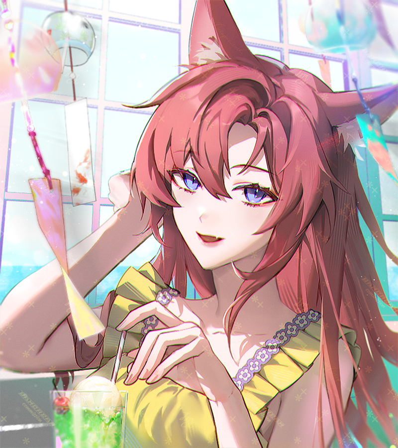 bamcream, original, commentary, commission, english commentary, 1girl, animal ear fluff, animal ears, bare shoulders, cat ears, cat girl, cup, drinking glass, drinking straw, fang, hair between eyes, long hair, looking at viewer, melon soda, open mouth, portrait, purple eyes, red hair, shirt, skin fang, sleeveless, sleeveless shirt, smile, solo, wind chime, yellow shirt