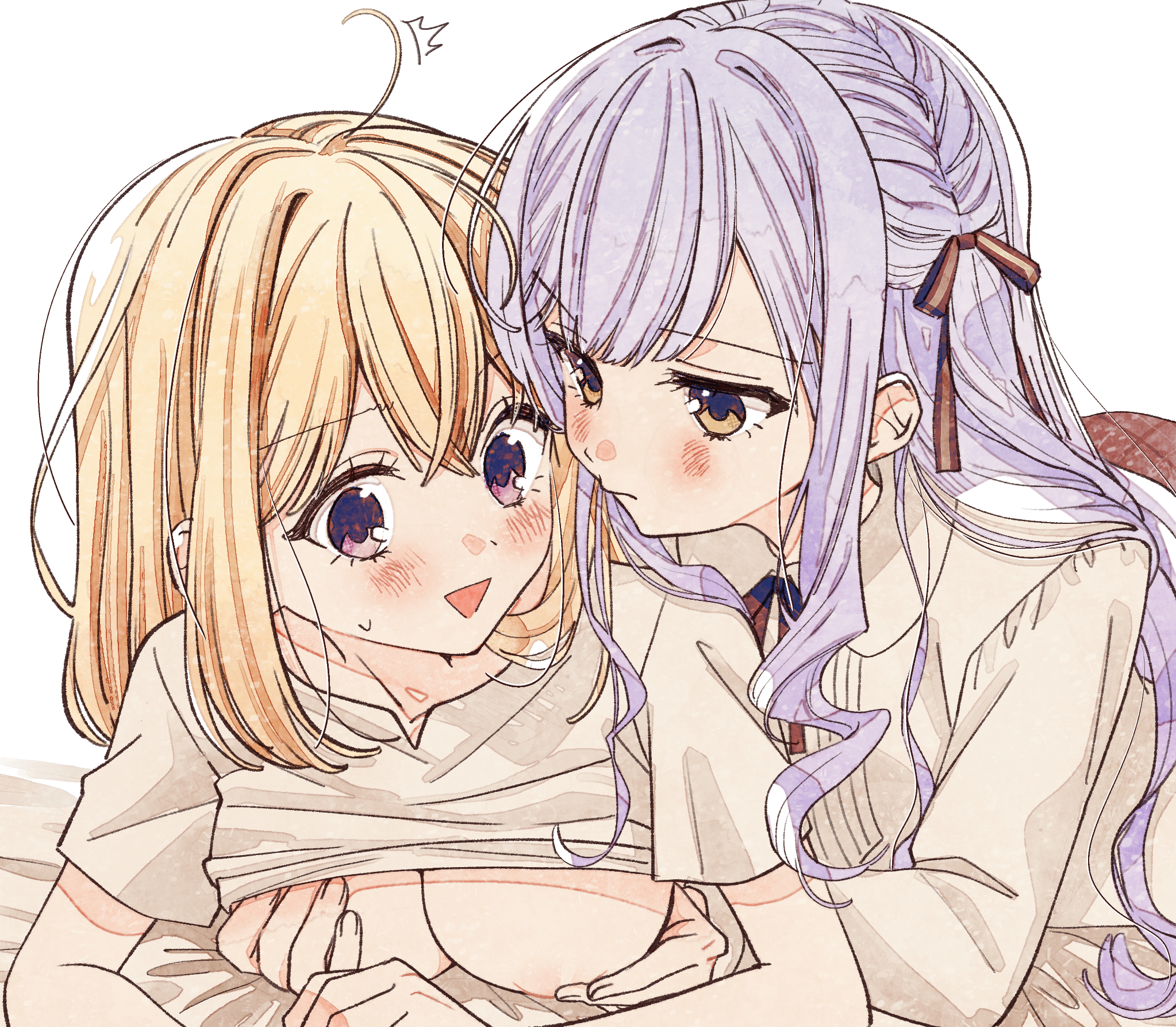 ccc cloudy, misumi uika, togawa sakiko, bang dream!, bang dream! it's mygo!!!!!, commentary, highres, 2girls, black ribbon, blonde hair, blue hair, blush, breasts, closed mouth, clothes lift, grabbing another's breast, grabbing from behind, groping, hair ribbon, long sleeves, medium breasts, medium hair, multiple girls, nipples, open mouth, purple eyes, ribbon, shirt, shirt lift, short sleeves, simple background, two side up, white background, white shirt, yellow eyes, yuri