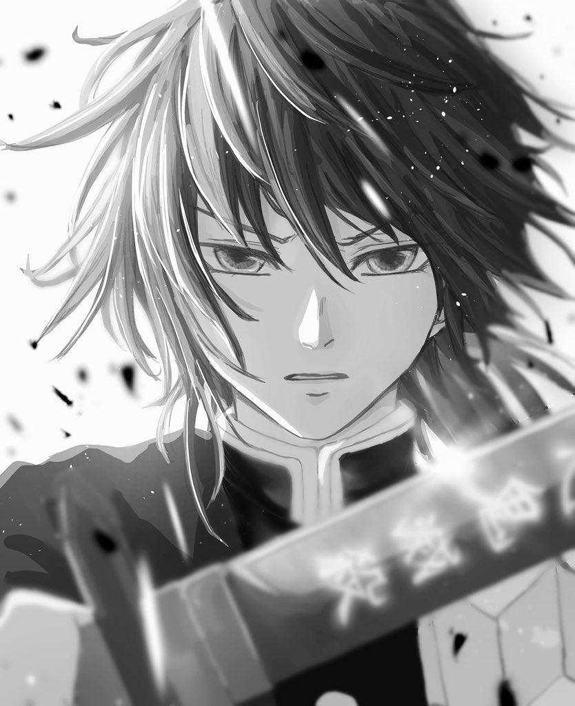 39ra405, tomioka giyuu, kimetsu no yaiba, 1boy, black hair, black jacket, buttons, demon slayer uniform, greyscale, haori, high collar, holding, holding sword, holding weapon, jacket, japanese clothes, katana, kikkoumon, looking at viewer, low ponytail, male focus, monochrome, ponytail, print haori, solo, spiked hair, sword, teeth, upper body, weapon