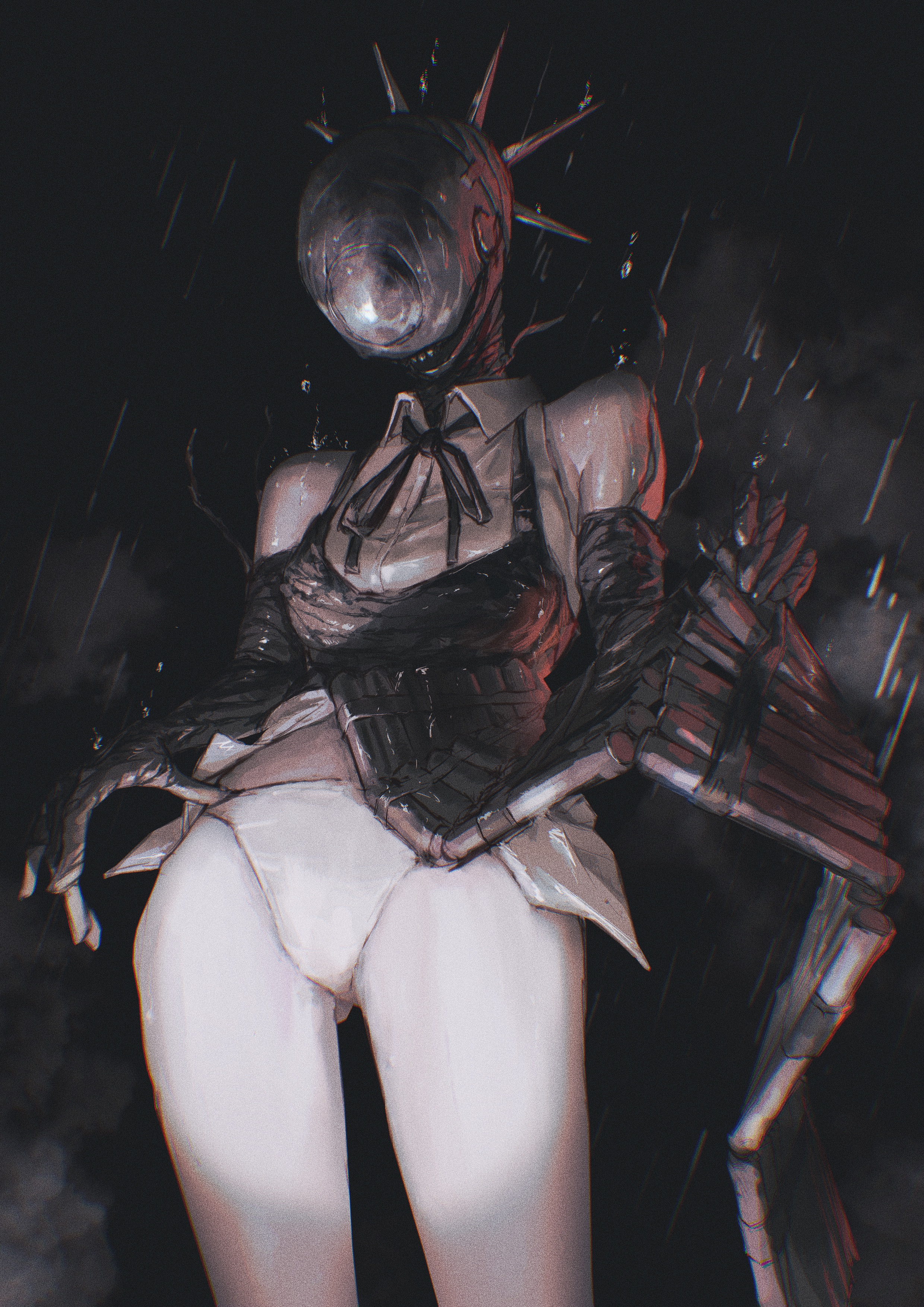 neg (101neg), bomb devil (chainsaw man), chainsaw man, absurdres, highres, 1girl, apron, black apron, black gloves, black ribbon, collared shirt, dynamite, elbow gloves, explosive, gloves, gluteal fold, neck ribbon, object head, panties, ribbon, shirt, solo, underwear, white panties, white shirt