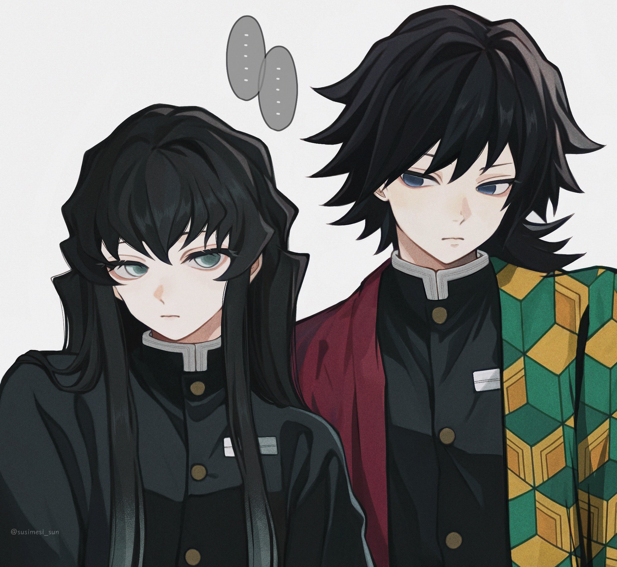 tokitou muichirou, tomioka giyuu, kimetsu no yaiba, highres, …, 2boys, black hair, black jacket, buttons, closed mouth, demon slayer uniform, gold buttons, haori, high collar, jacket, japanese clothes, kikkoumon, looking to the side, low ponytail, male focus, multiple boys, ponytail, print haori, red haori, simple background, spiked hair, spoken ellipsis, susimesi sun, twitter username, upper body, white background