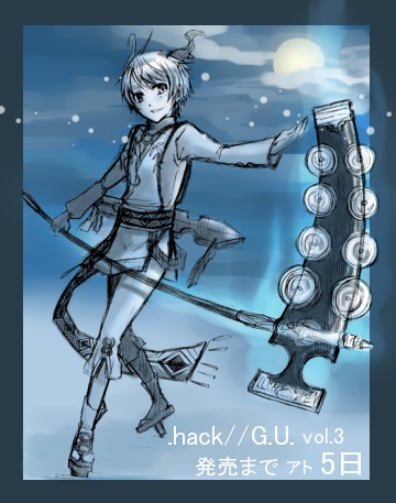 hack, zelkova, .hack//, .hack//g.u., bandai, cyber connect 2, lowres, 00s, 1boy, male focus, monochrome, outdoors, scythe, sky, solo